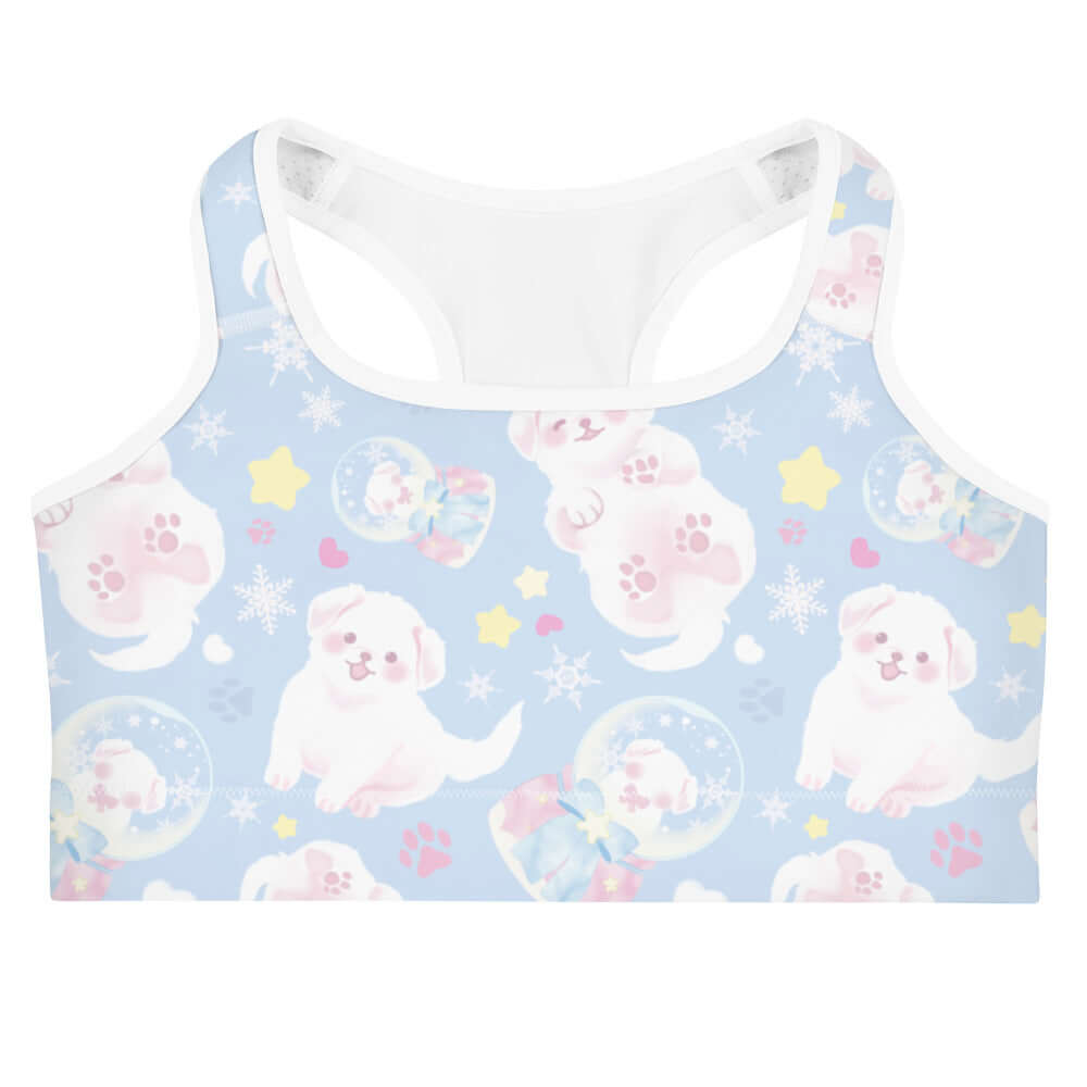 Snow Puppy Sports bra features a playful design with cute puppies, perfect for a stylish and tough workout.