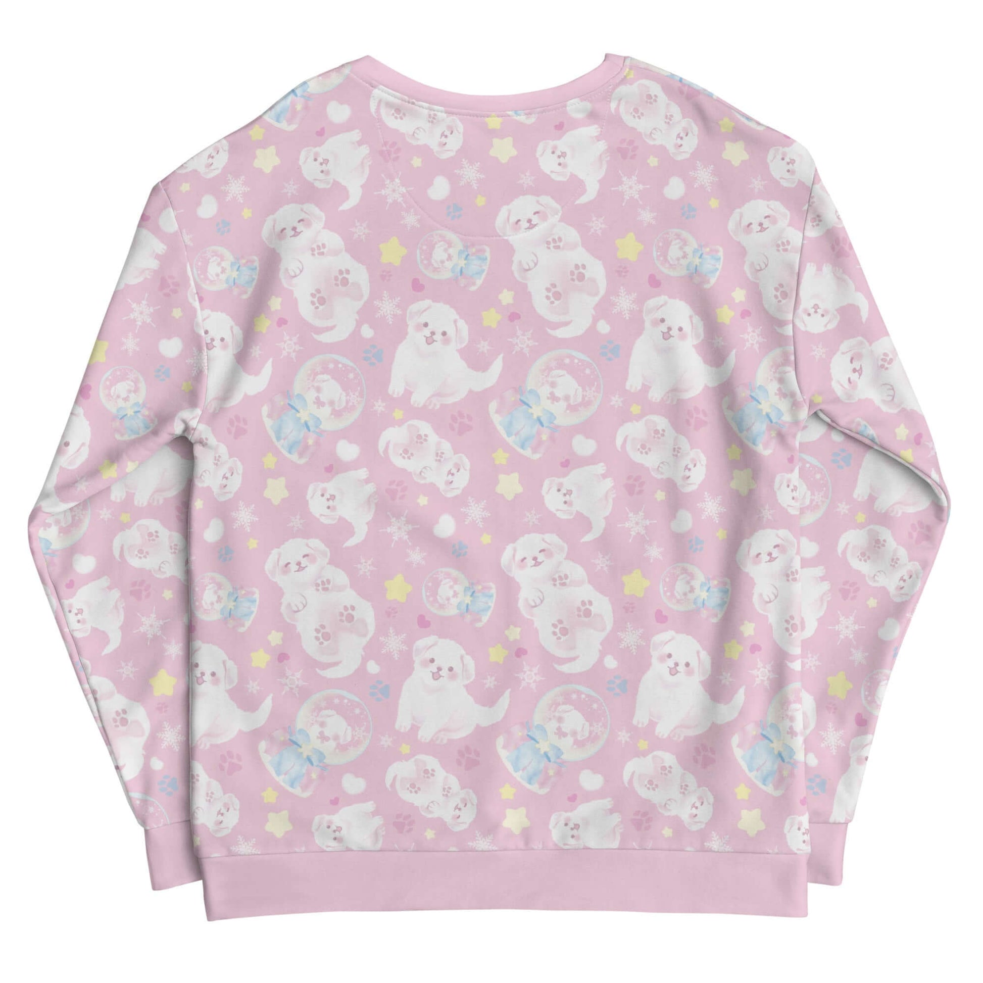 Adorable Snow Puppy Sweatshirt featuring playful puppies on a pastel pink background, perfect for cozy outfits.