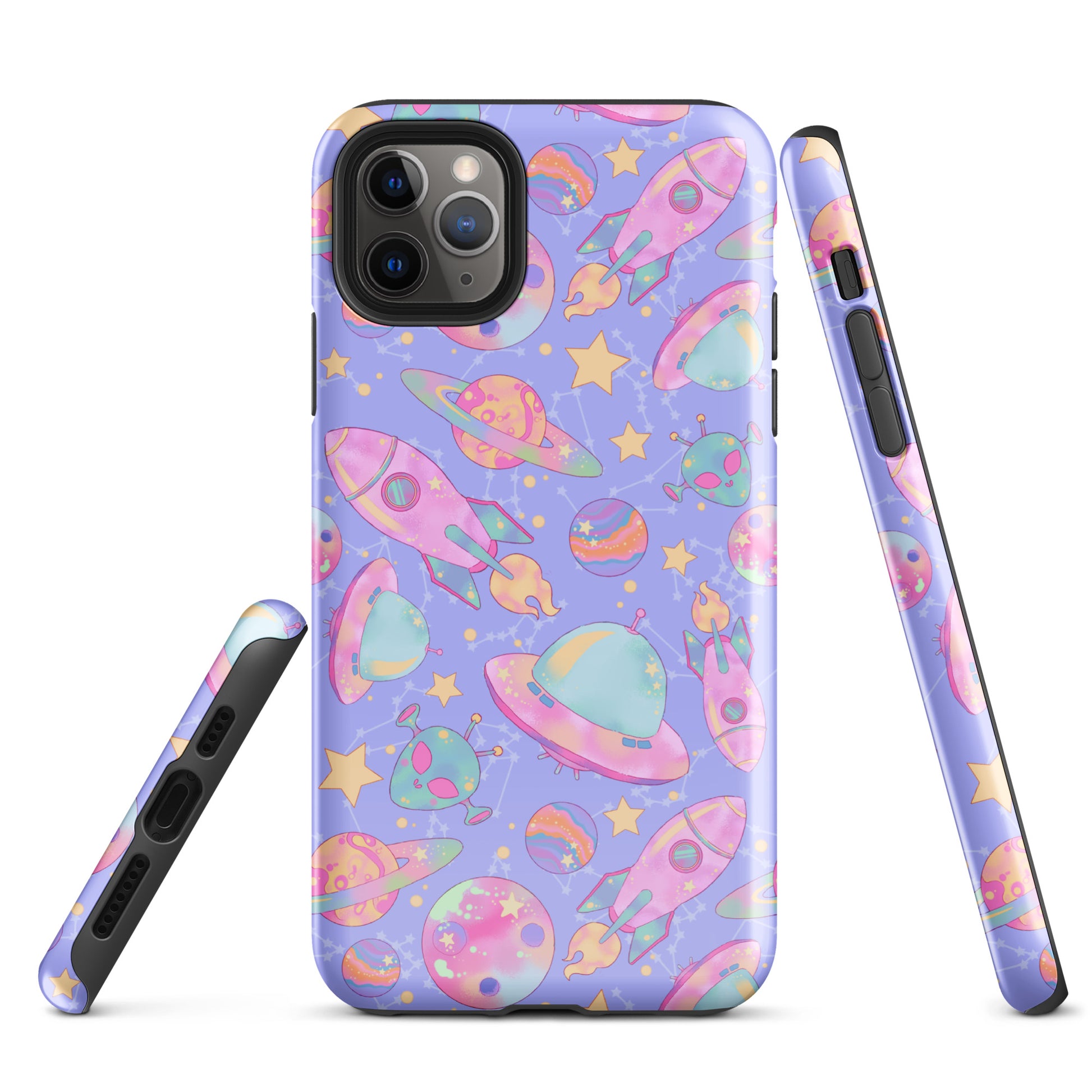 Colorful Space iPhone® Tough Case featuring playful planets and rockets, perfect for stylish device protection.