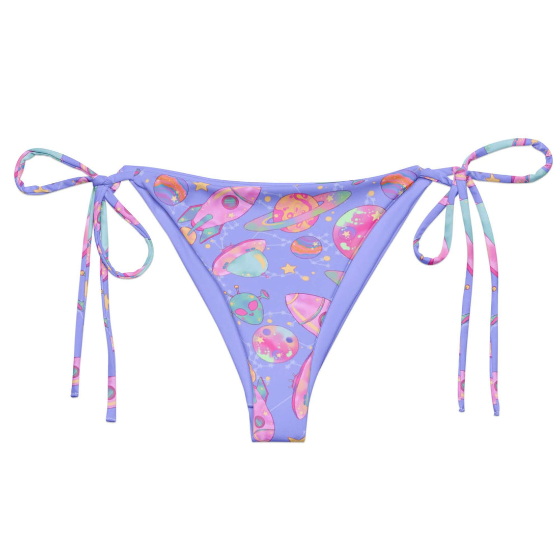Shop the Space String Bikini Bottom, featuring colorful planets and adjustable ties for a perfect summer fit.