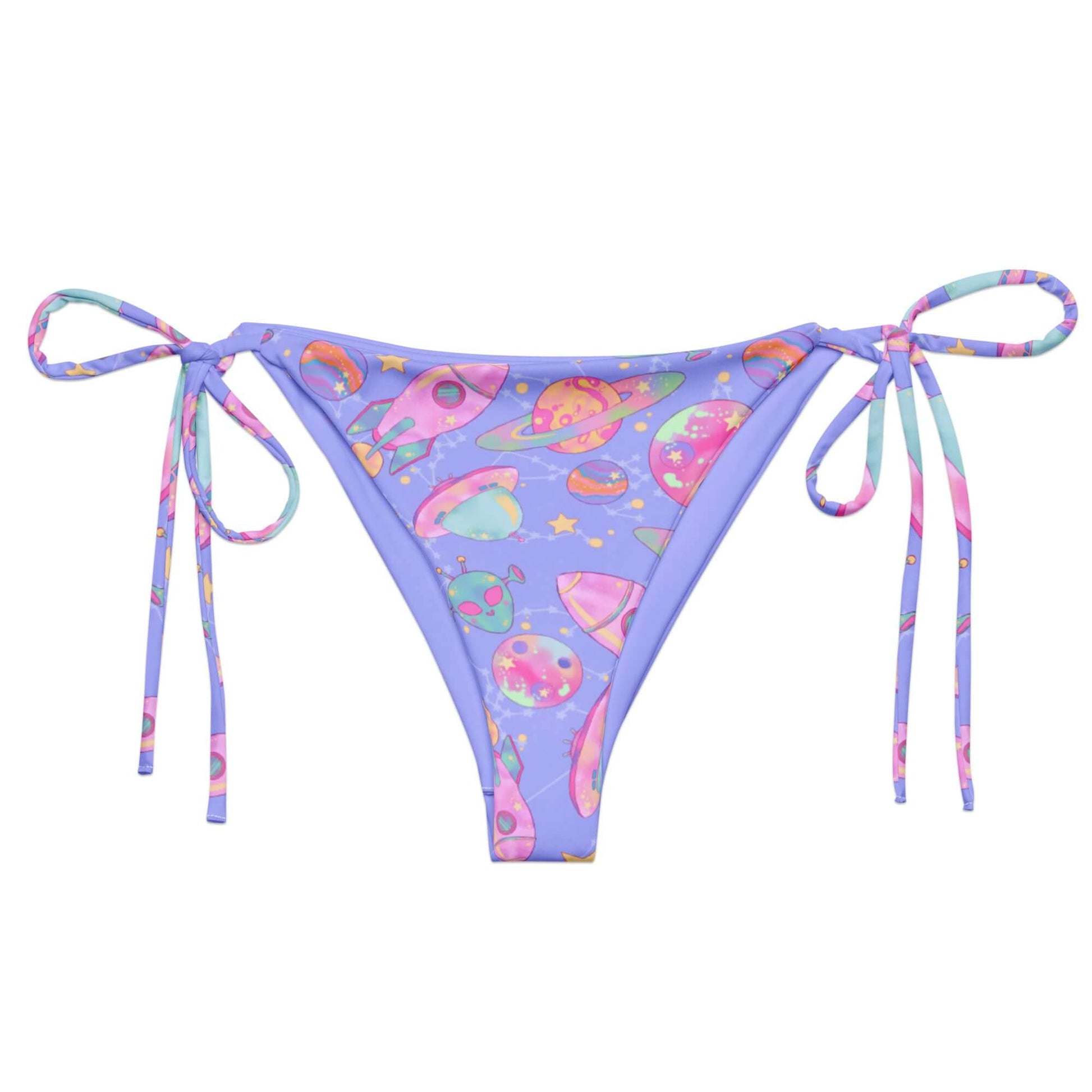 Shop the Space String Bikini Bottom, featuring colorful planets and adjustable ties for a perfect summer fit.
