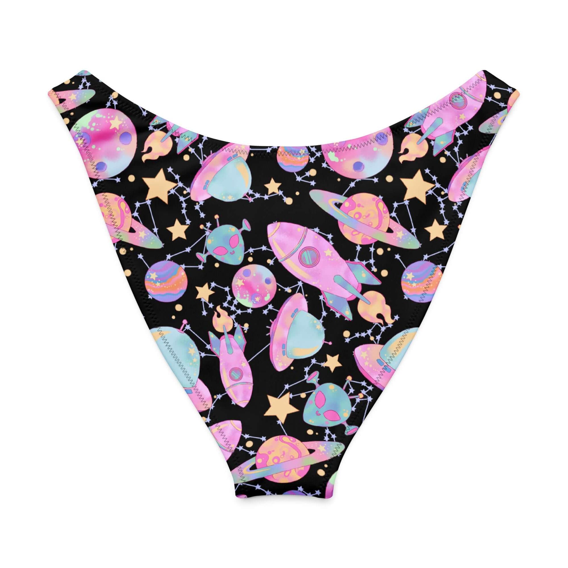 Colorful Space V-cut Bikini Bottom featuring planets, rockets, and stars for a fun summer vibe.