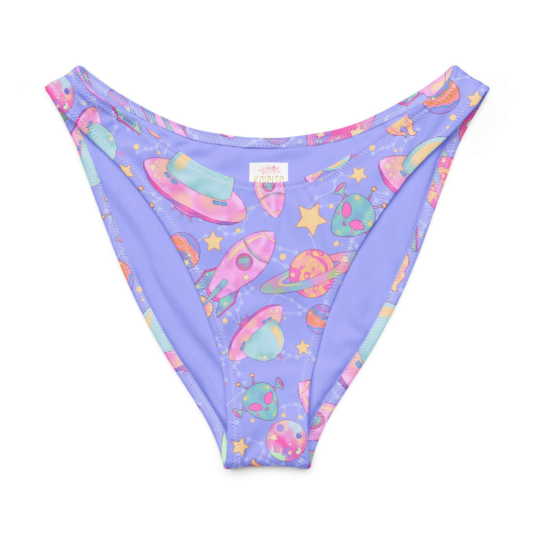 V-cut bikini bottom in playful outer space design with planets and rockets, perfect for sunny beach days.