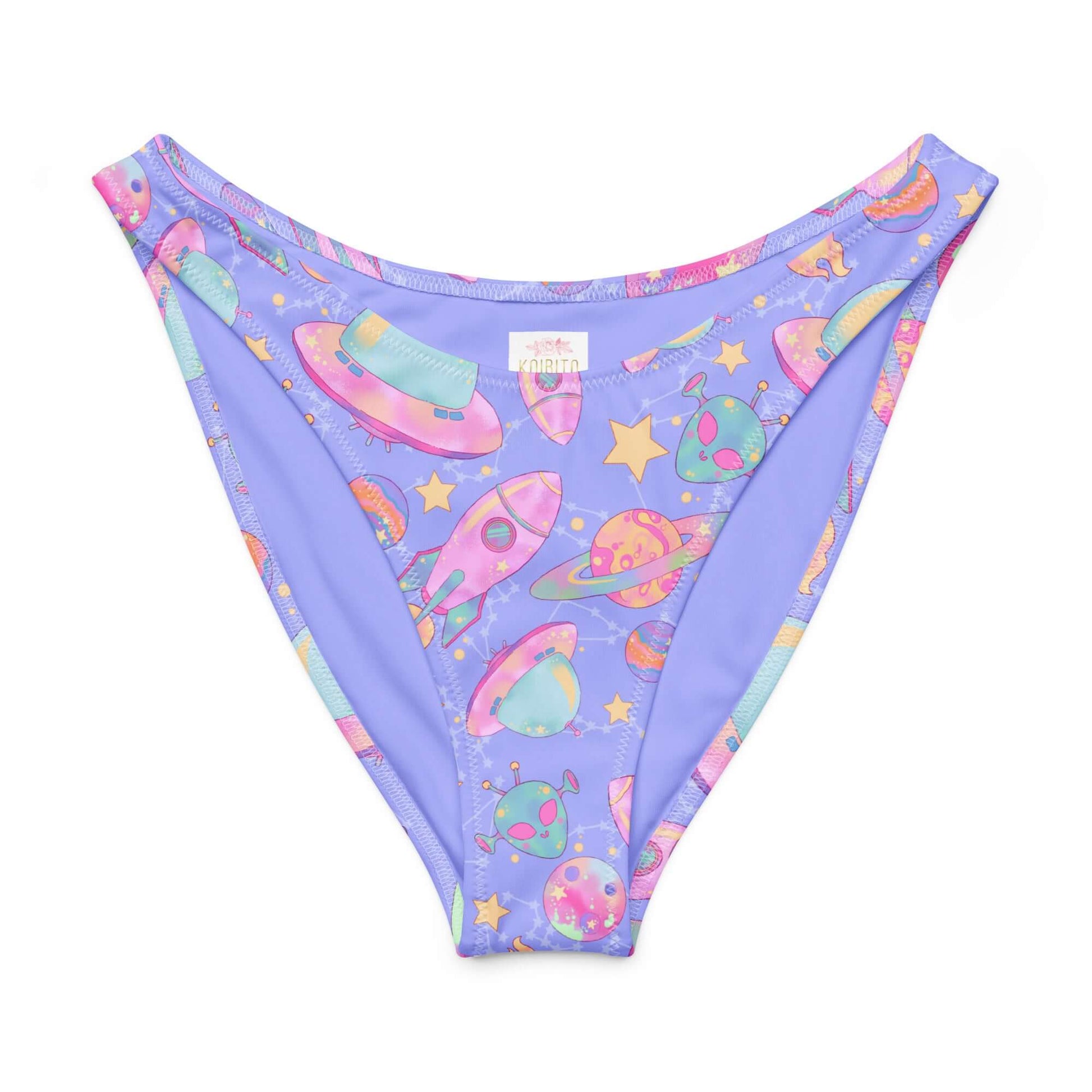 V-cut bikini bottom in playful outer space design with planets and rockets, perfect for sunny beach days.