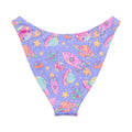Space V-cut bikini bottom with colorful rocket and planet pattern on a purple background.