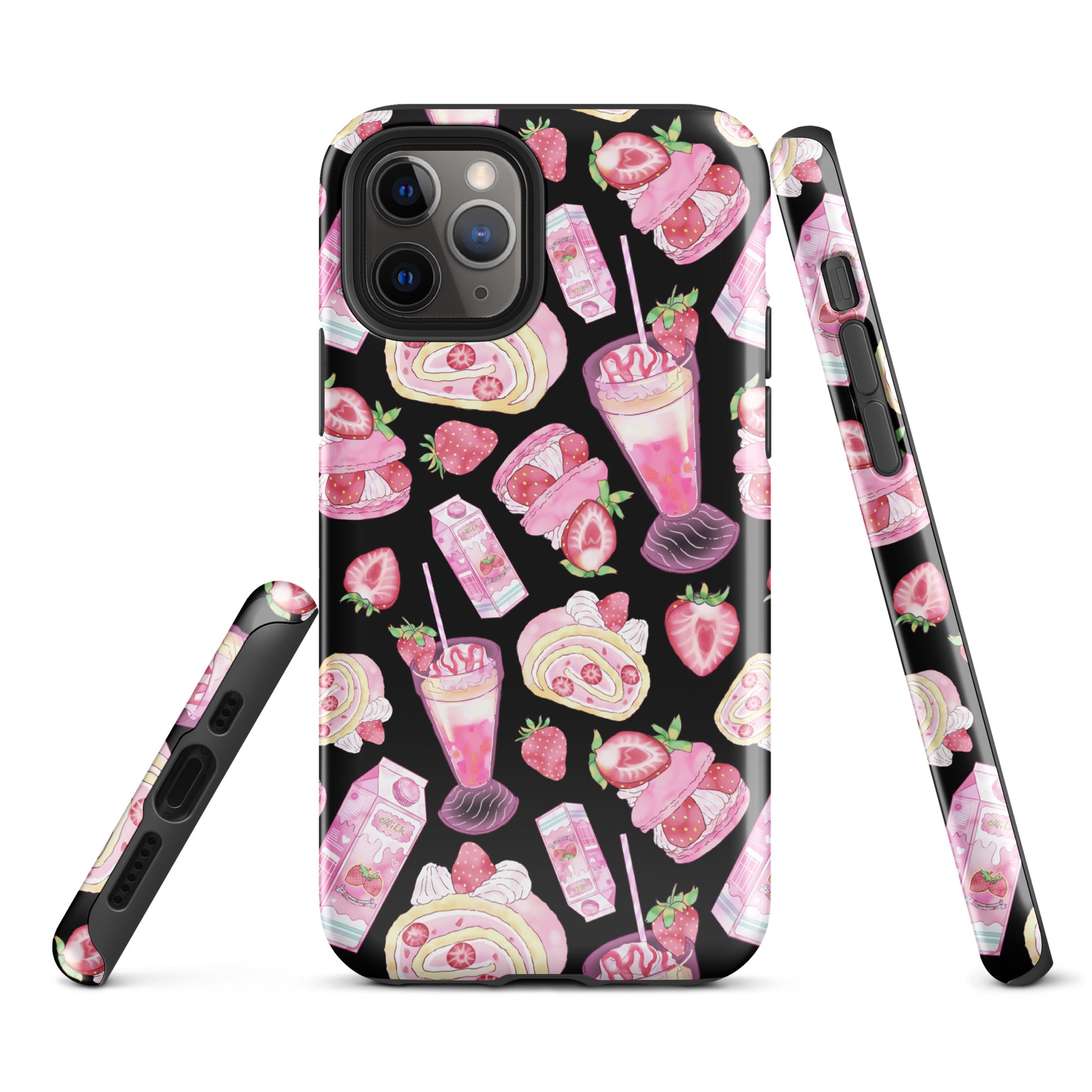 Stylish Strawberry iPhone® Tough Case featuring dessert designs in pink and black for fashionable protection.