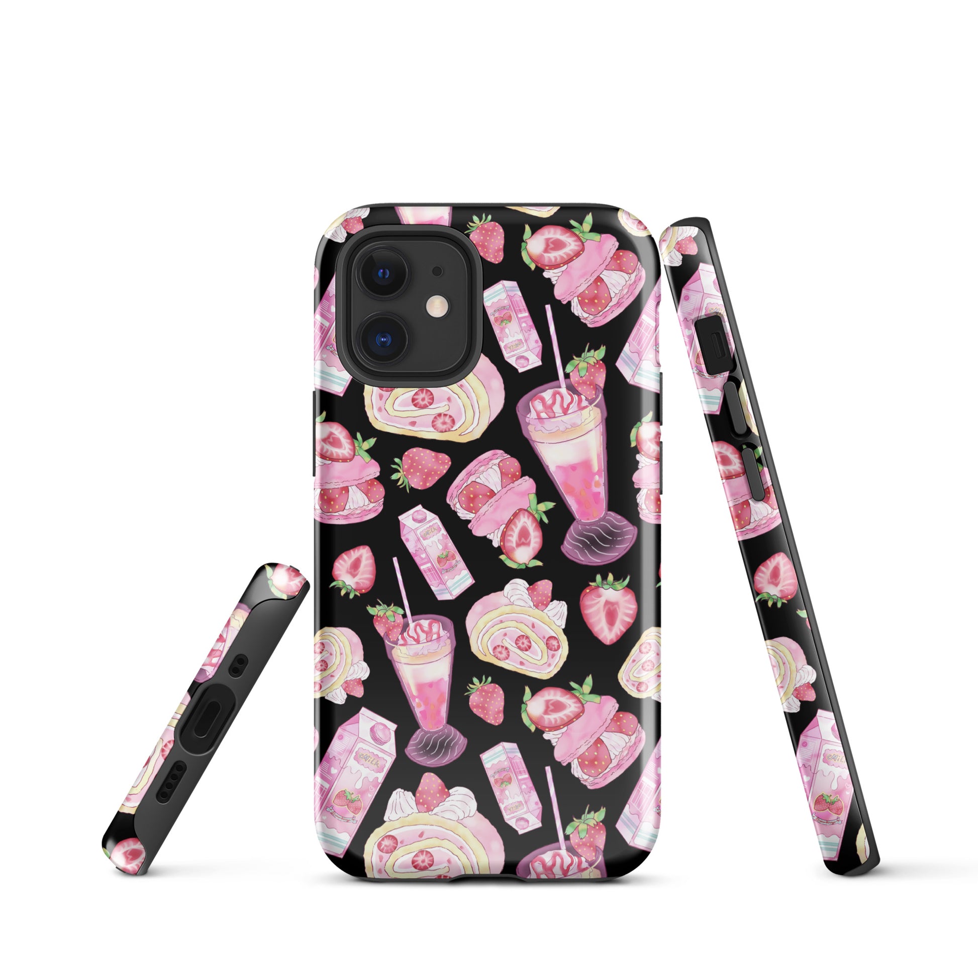 Colorful Strawberry iPhone® Tough Case features a dessert design on a sleek black background, perfect for style and protection.