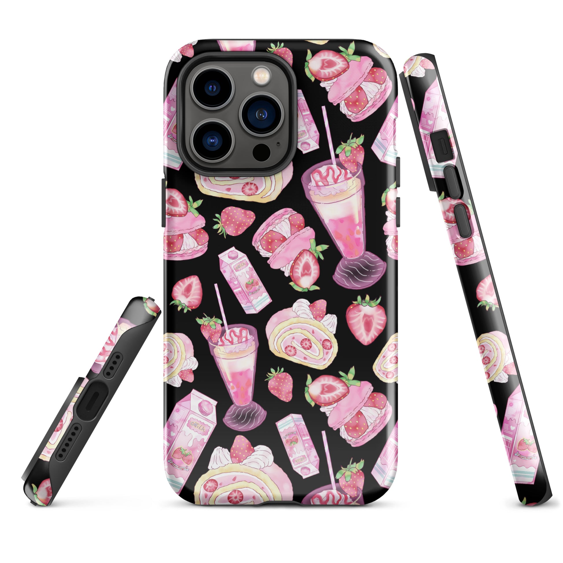 Stylish Strawberry iPhone® Tough Case with dessert patterns offers durable protection in pink and black designs.