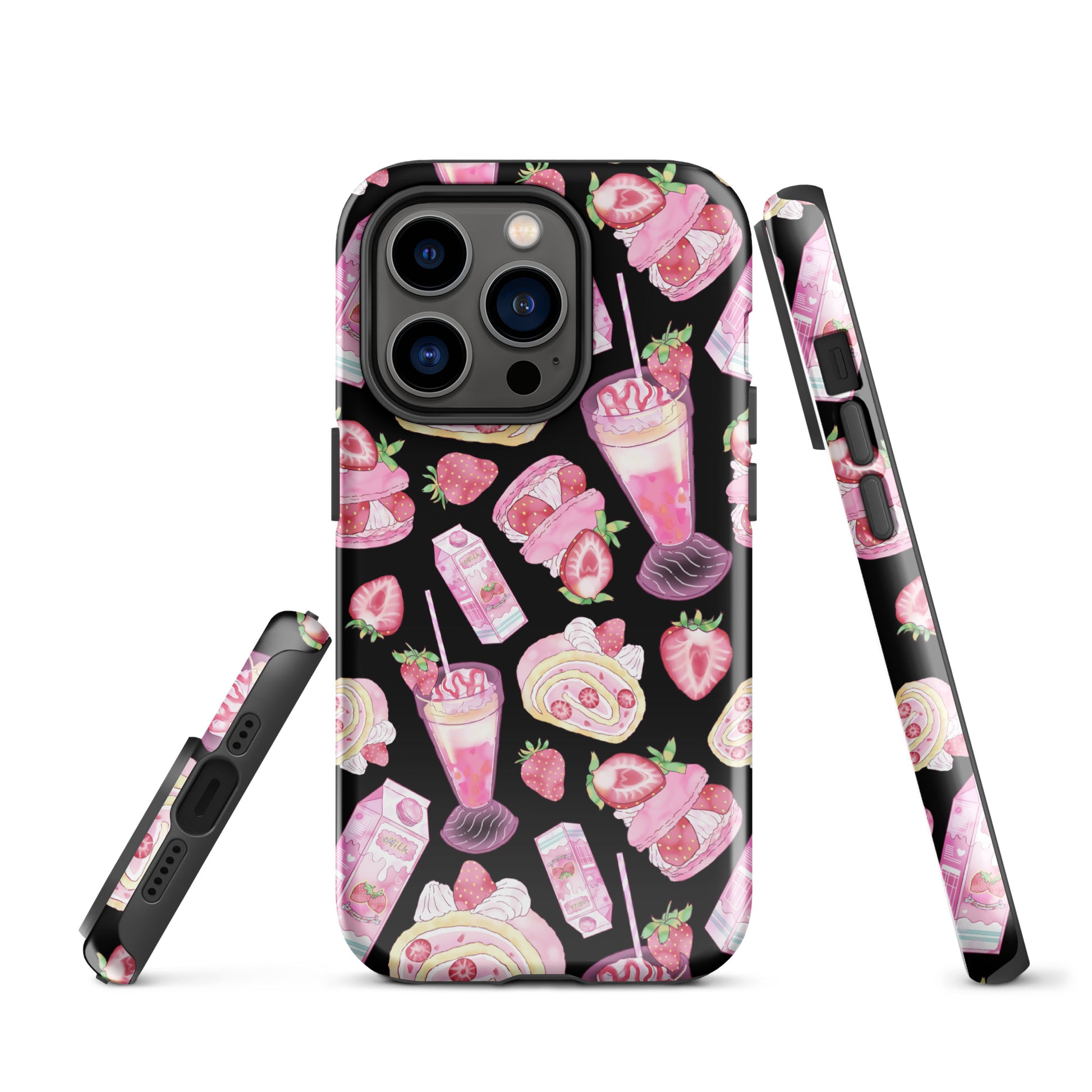 Stylish Strawberry iPhone® Tough Case featuring pink and black desserts for durable, fashionable protection.