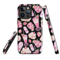 Stylish Strawberry iPhone® Tough Case features a pink and black dessert pattern for durable phone protection.