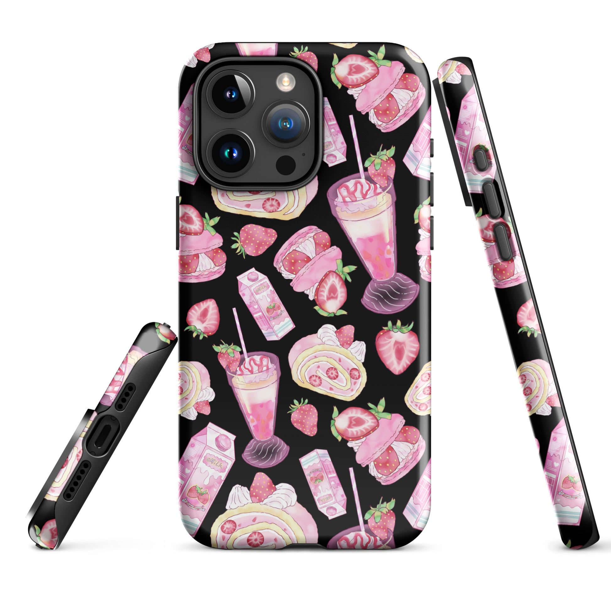 Stylish Strawberry iPhone® Tough Case features a pink and black dessert pattern for durable phone protection.