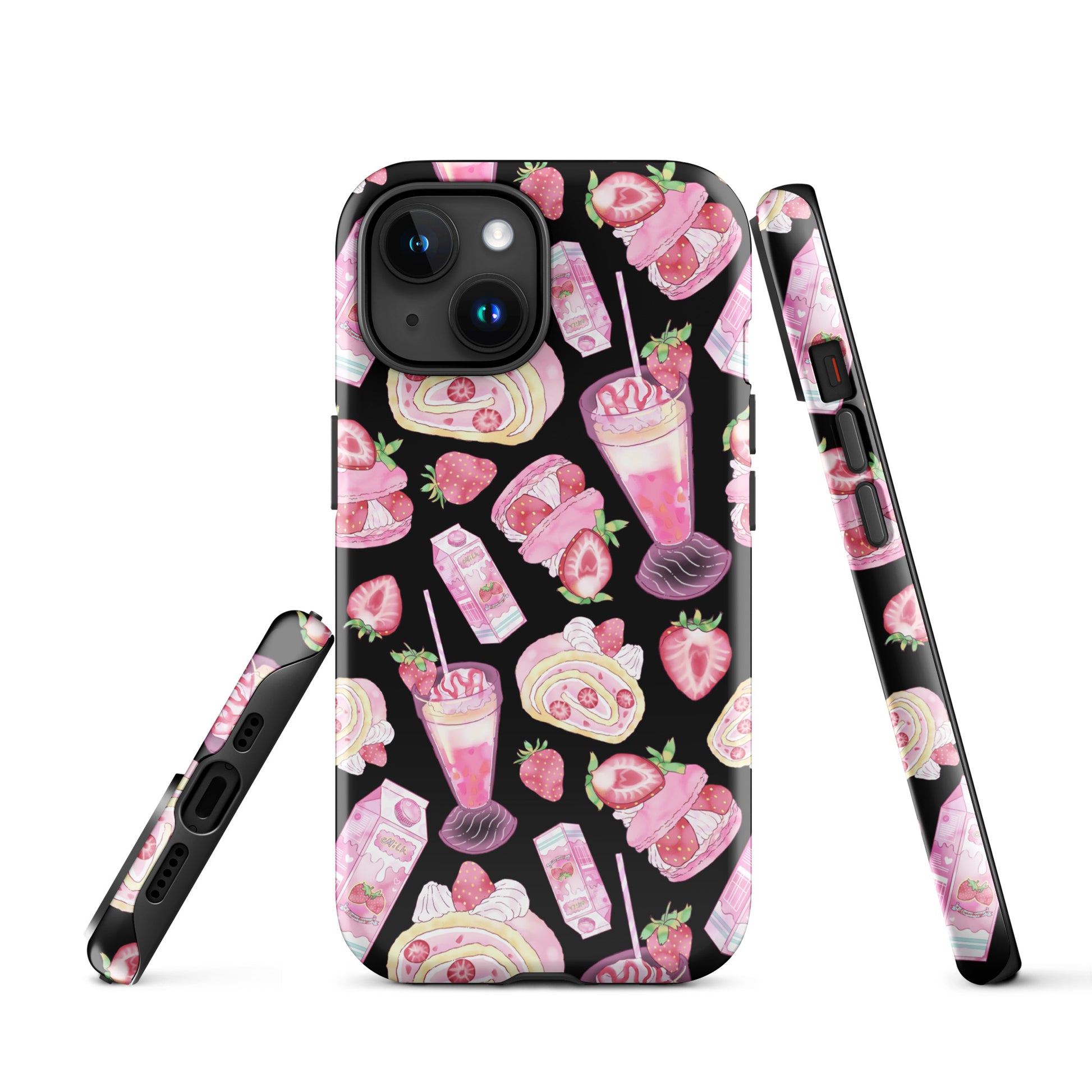 Stylish Strawberry iPhone® Tough Case features a vibrant dessert pattern for durable protection and aesthetic appeal.