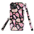 Stylish Strawberry iPhone® Tough Case showcasing delightful desserts on a black background, perfect for dessert lovers.