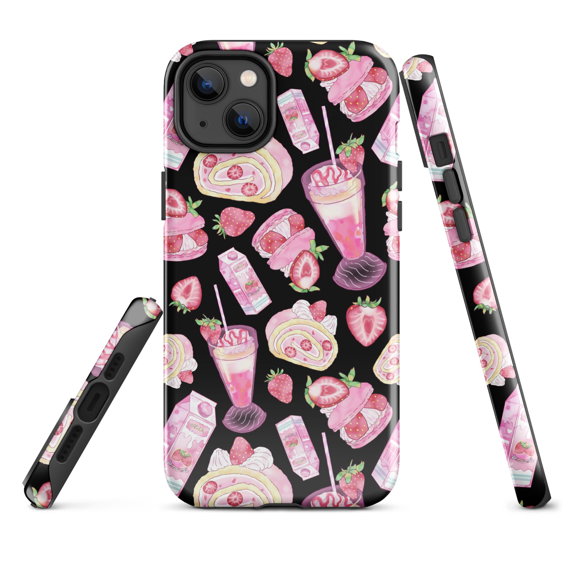 Stylish Strawberry iPhone® Tough Case showcasing delightful desserts on a black background, perfect for dessert lovers.