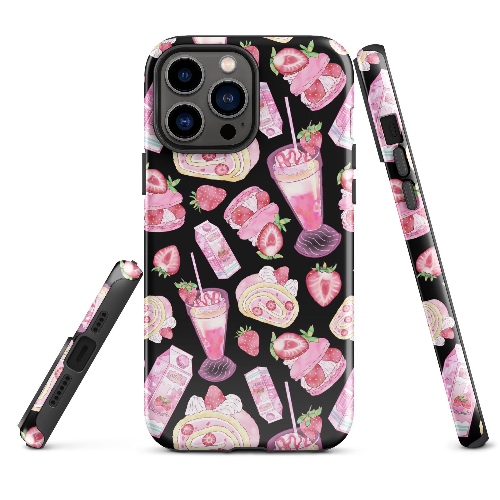 Durable Strawberry iPhone® Tough Case featuring a vibrant dessert design in pink and black for stylish protection.