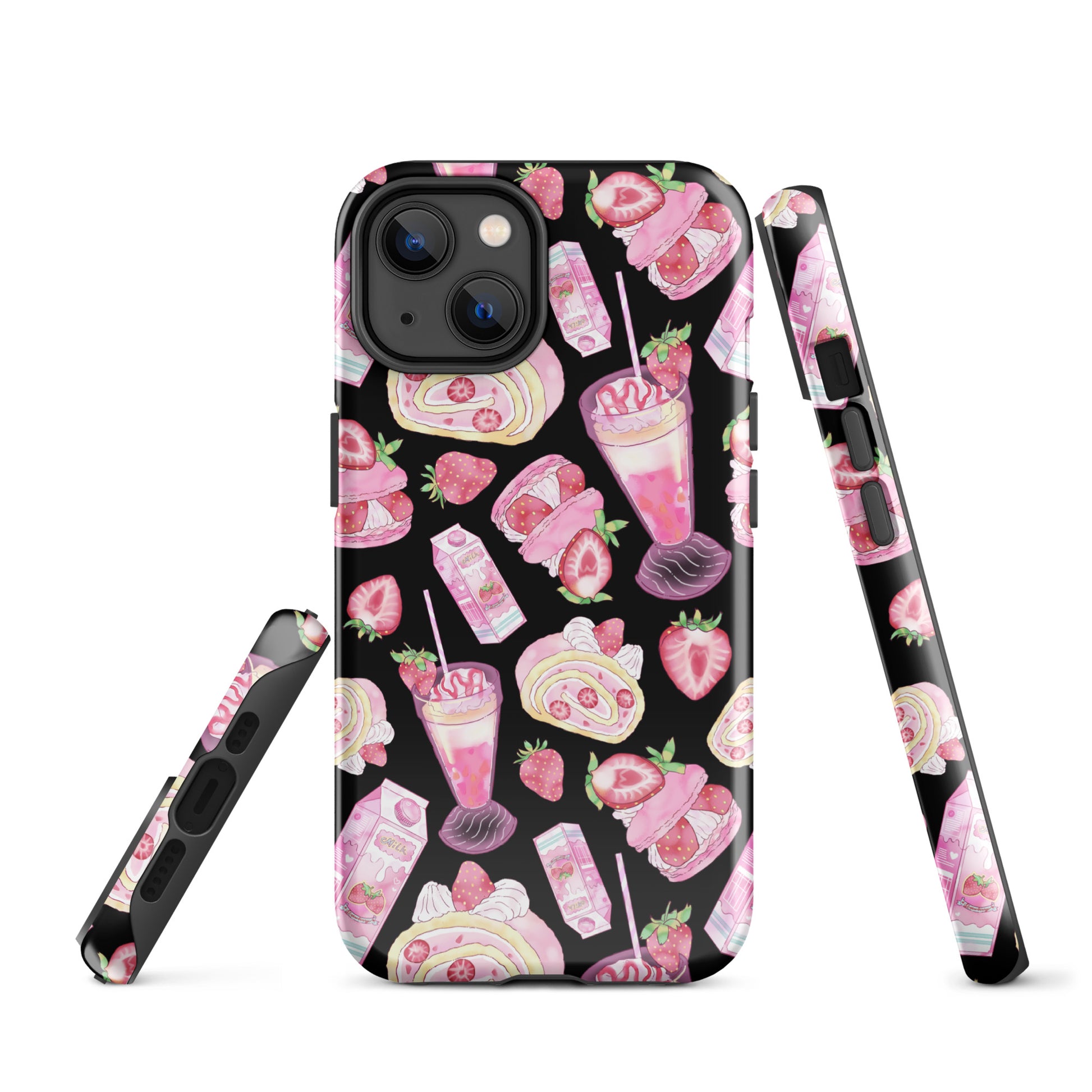 Stylish and durable Strawberry iPhone® Tough Case featuring fun dessert patterns in pink and black. Perfect for protection!