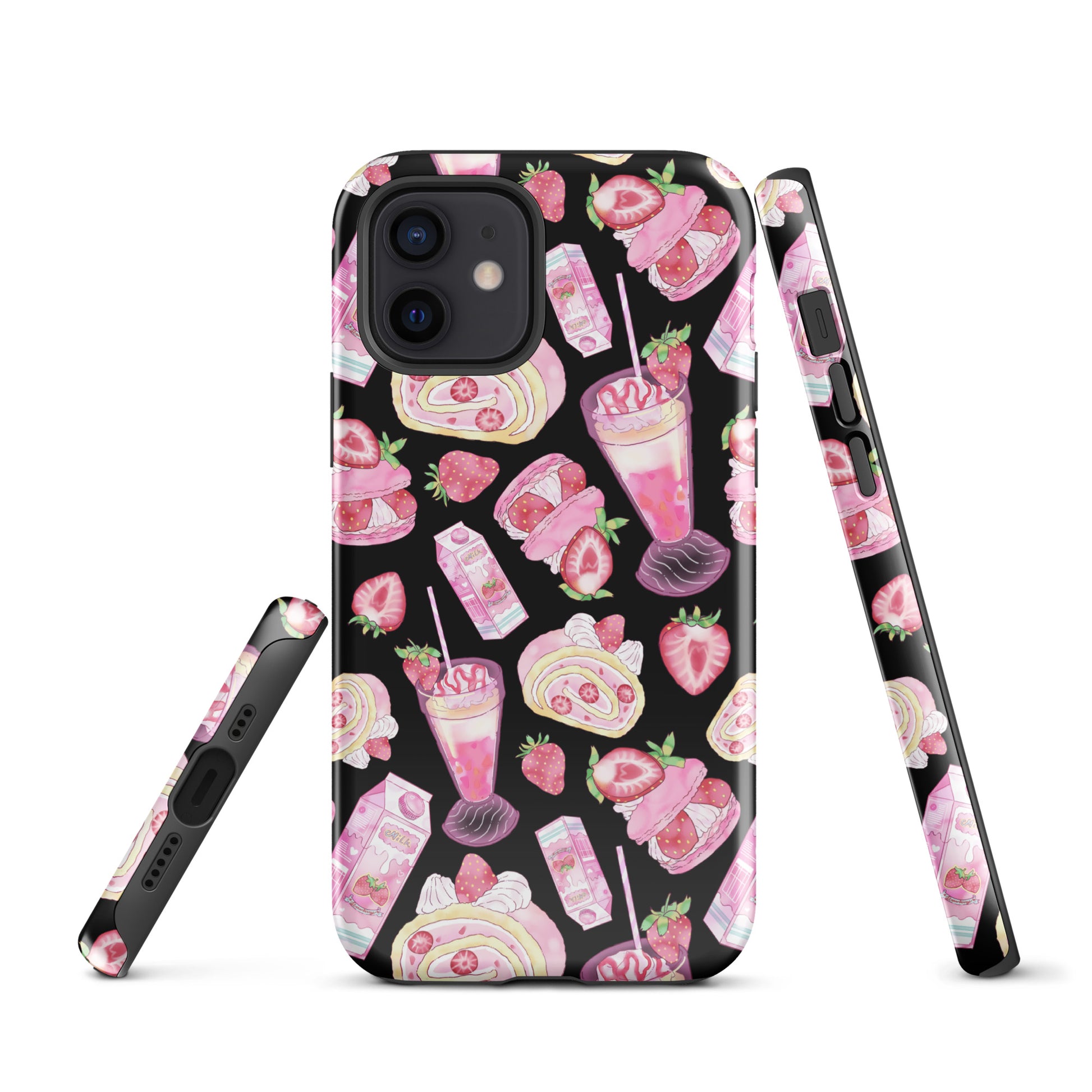 Stylish Strawberry iPhone® Tough Case featuring a pink and black dessert pattern for durable phone protection.