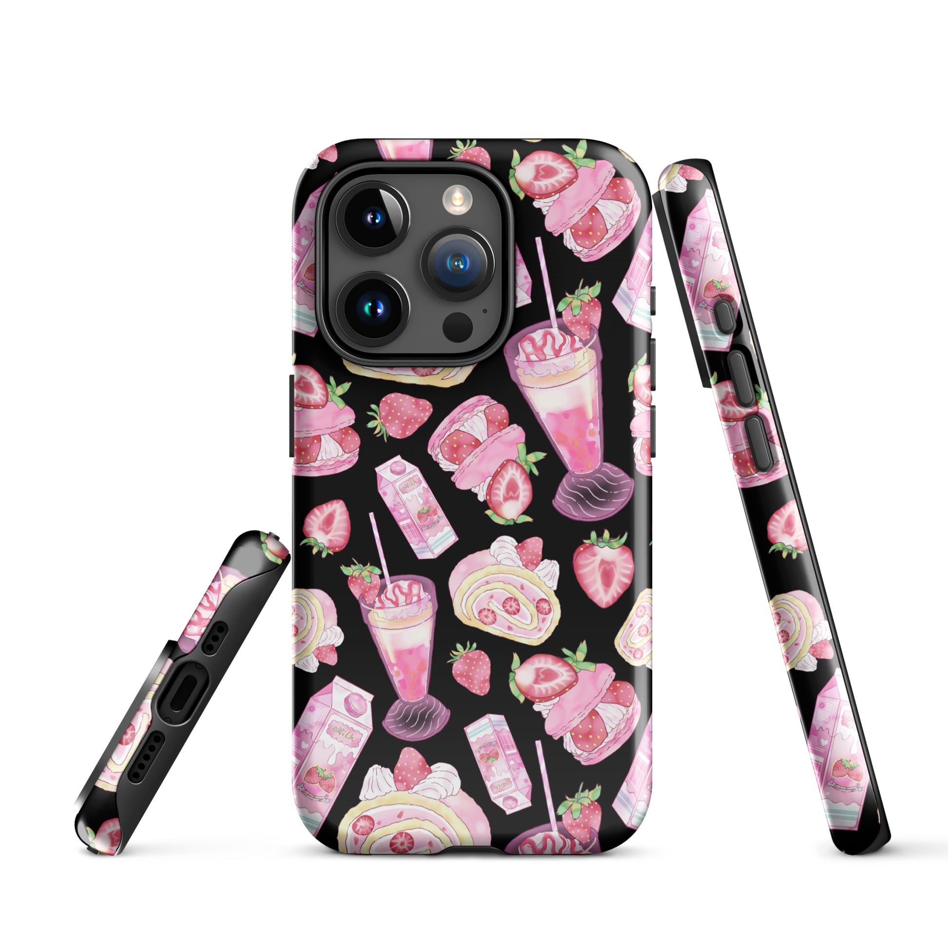 Stylish Strawberry iPhone® Tough Case featuring pink and black dessert patterns for fashionable protection.