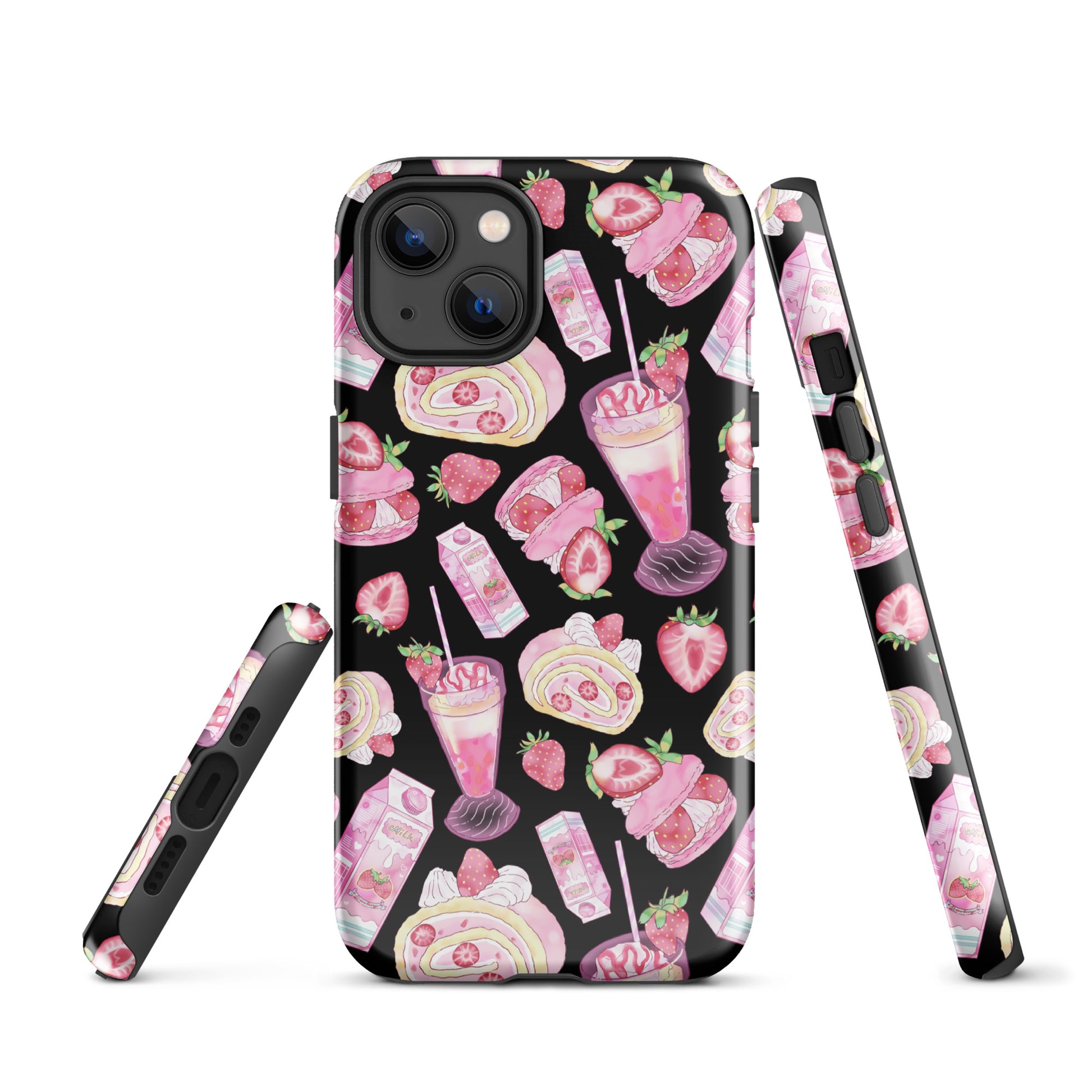 Stylish Strawberry iPhone® Tough Case features a fun pink and black dessert pattern for ultimate protection.