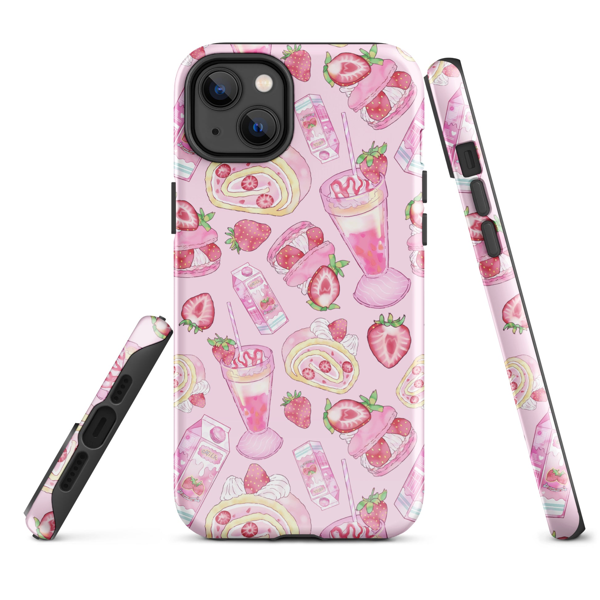 Stylish Strawberry iPhone® Tough Case in pink, featuring a fun dessert design for durable, fashionable protection.