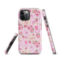Stylish Strawberry iPhone® Tough Case featuring fun dessert designs, perfect for protecting your phone in vibrant pink.