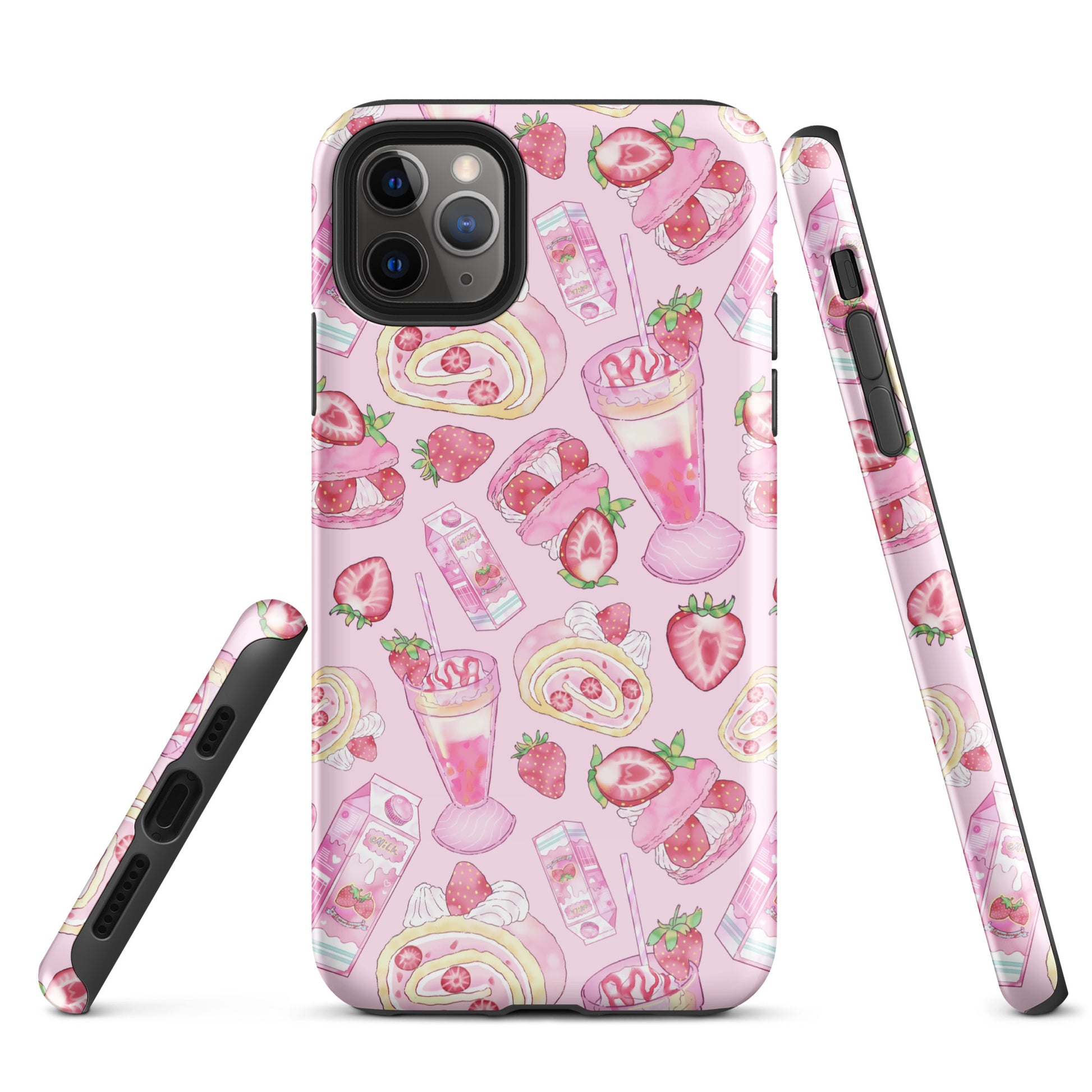 Stylish Strawberry iPhone® Tough Case features a pink dessert pattern for trendy, durable phone protection.