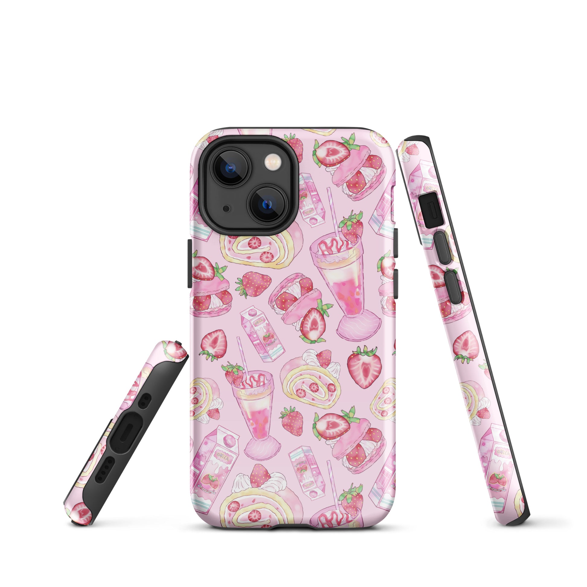 Stylish Strawberry iPhone® Tough Case in pink, featuring a fun dessert pattern and durable dual-layer protection.