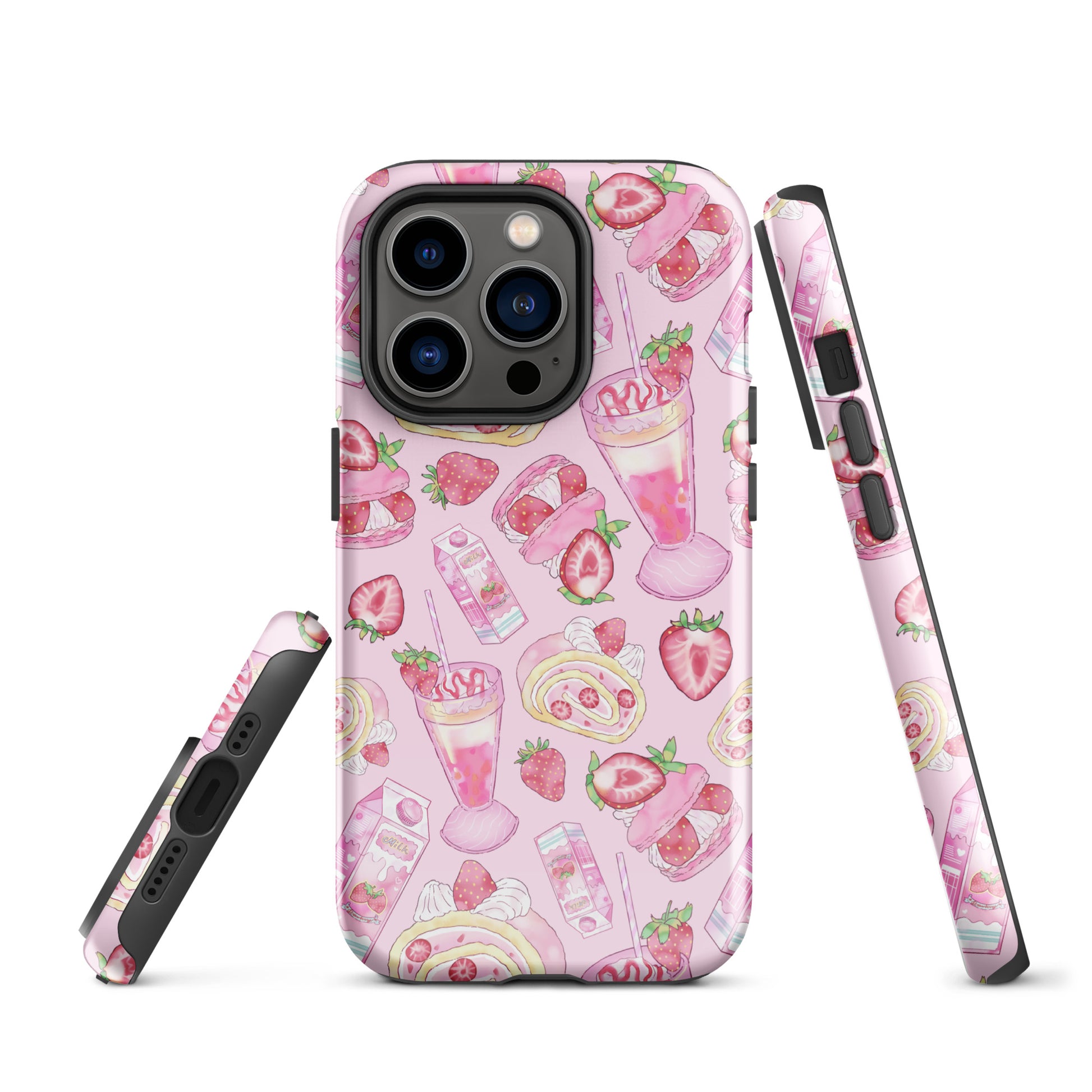 Stylish Strawberry iPhone® Tough Case featuring a pink dessert pattern for durable phone protection.