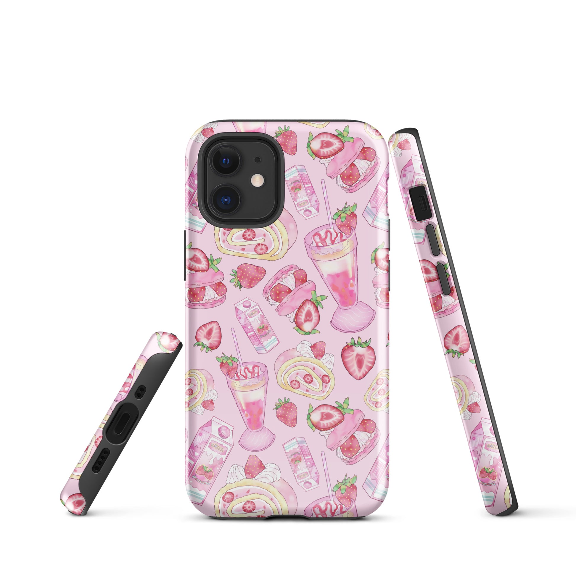 Stylish Strawberry iPhone® Tough Case featuring a pink dessert pattern for durable phone protection.