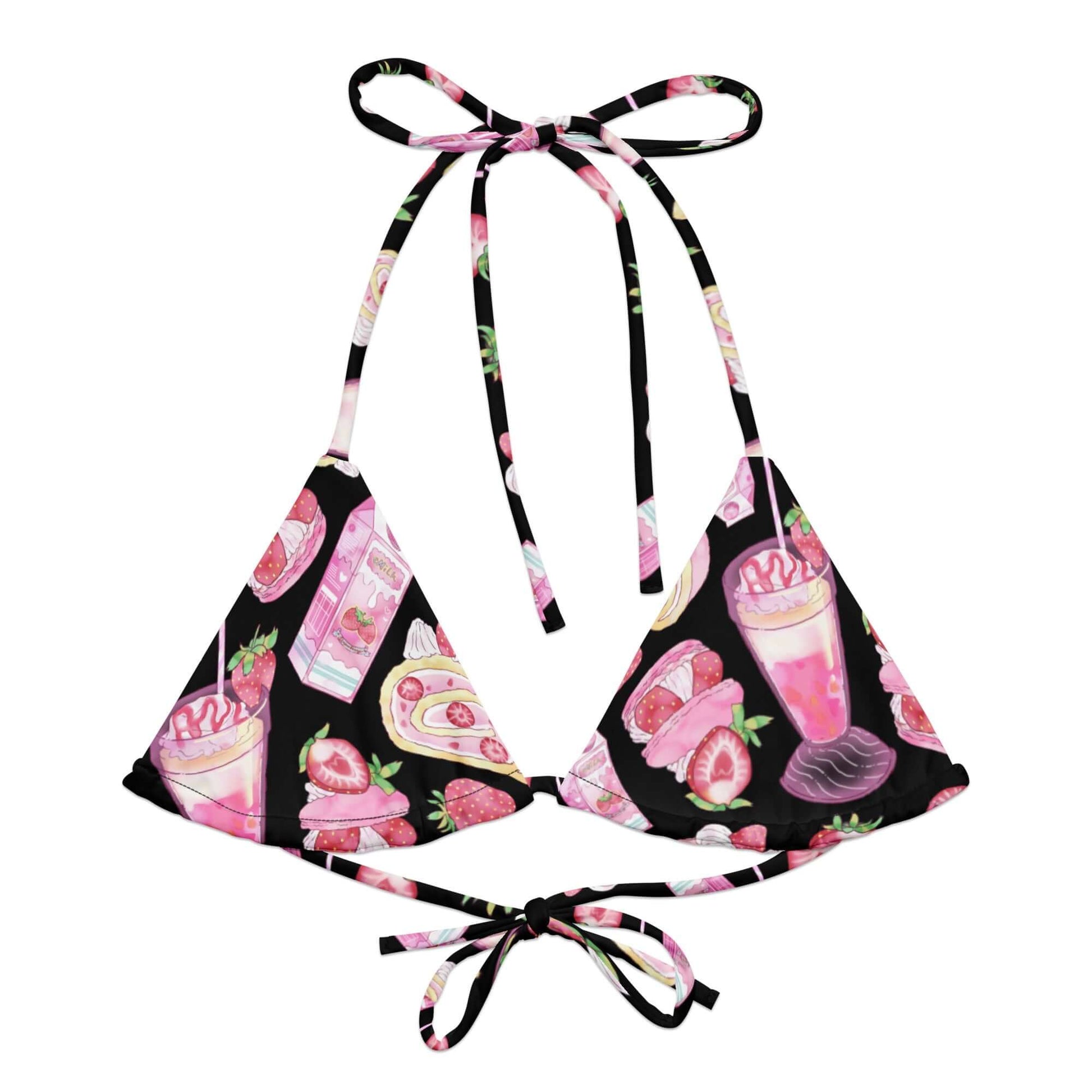 Stylish Strawberry Padded String Bikini Top featuring vibrant prints, eco-friendly materials, perfect for summer fun.