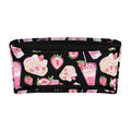 Strawberry print bandeau bikini top with vibrant dessert patterns on a black background.
