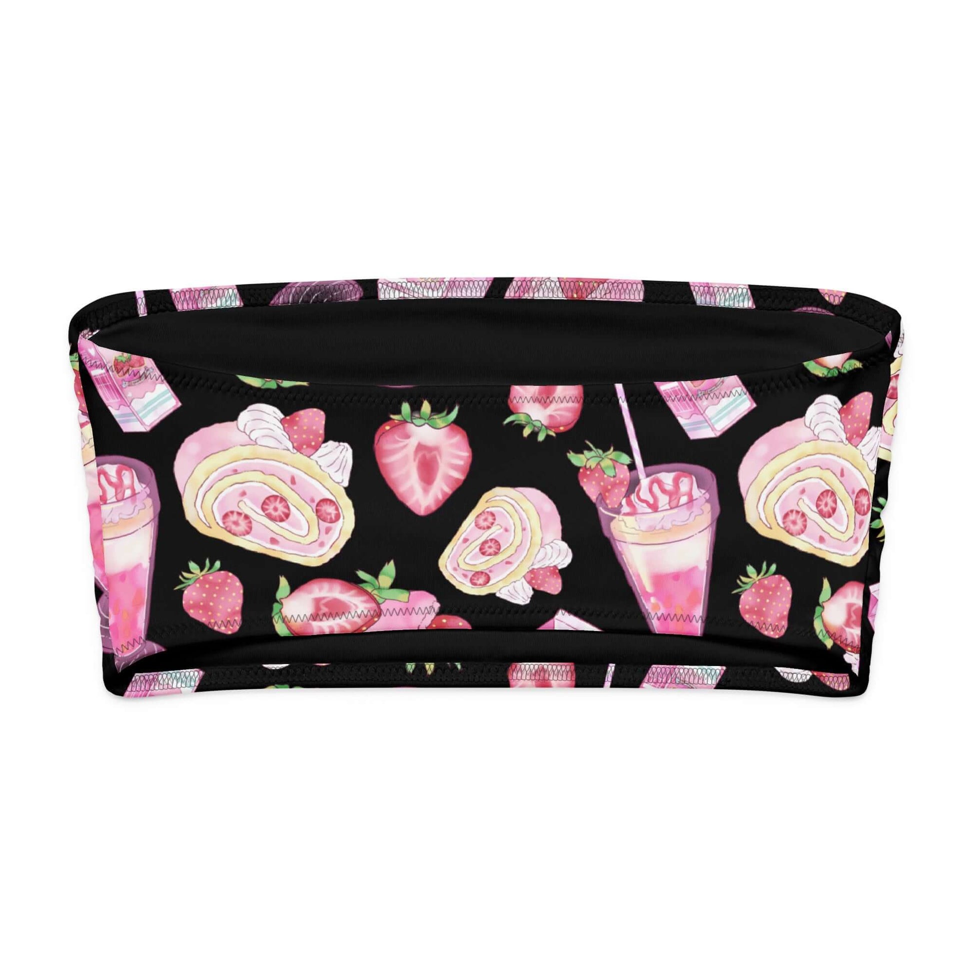 Strawberry print bandeau bikini top with vibrant dessert patterns on a black background.