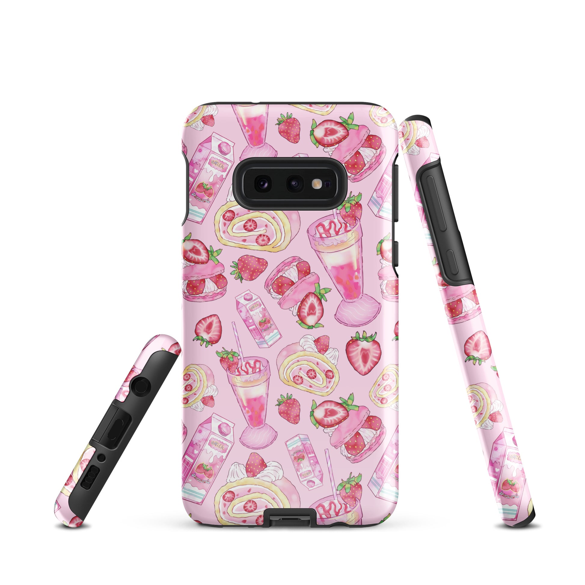 Stylish Strawberry Samsung® Tough Case in pink offers dual-layer protection for your phone and a fun dessert design.