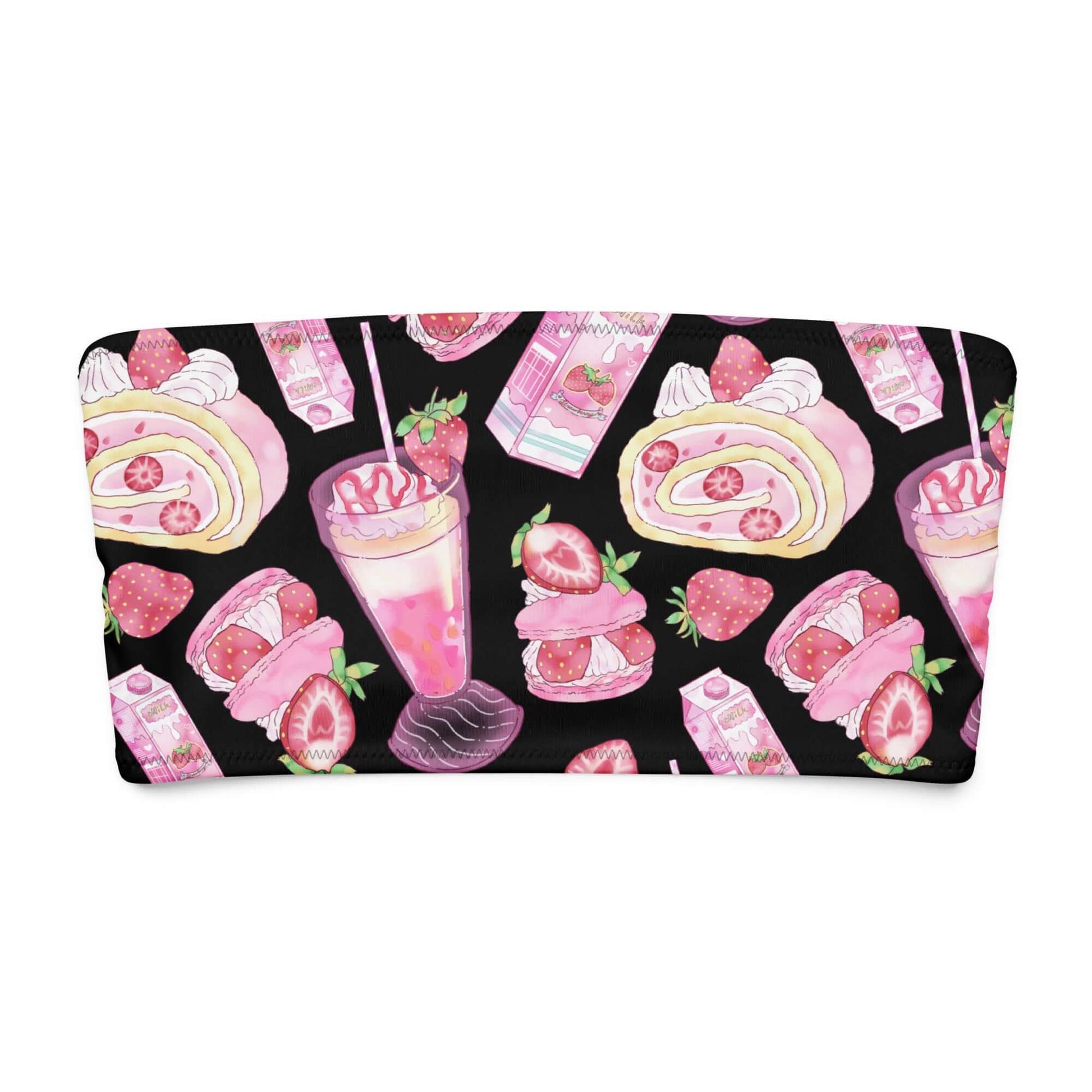 Strawberry-patterned bandeau bikini top featuring desserts and drinks for a fun summer vibe.
