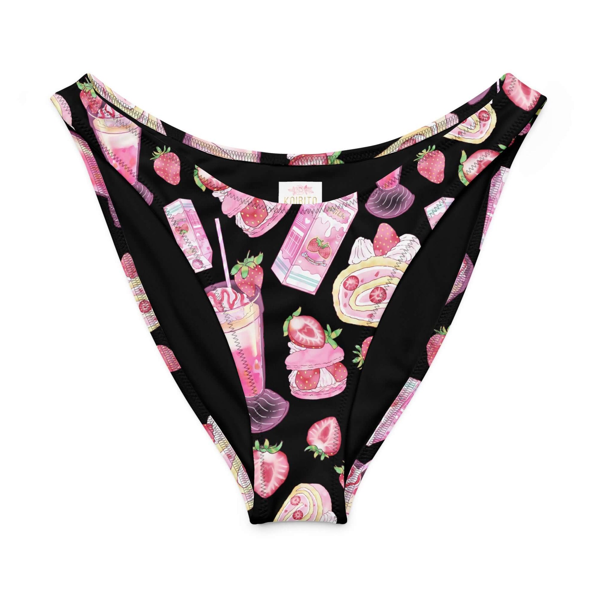 Strawberry V-cut bikini bottom with playful fruit-themed print, perfect for sunny beach days.