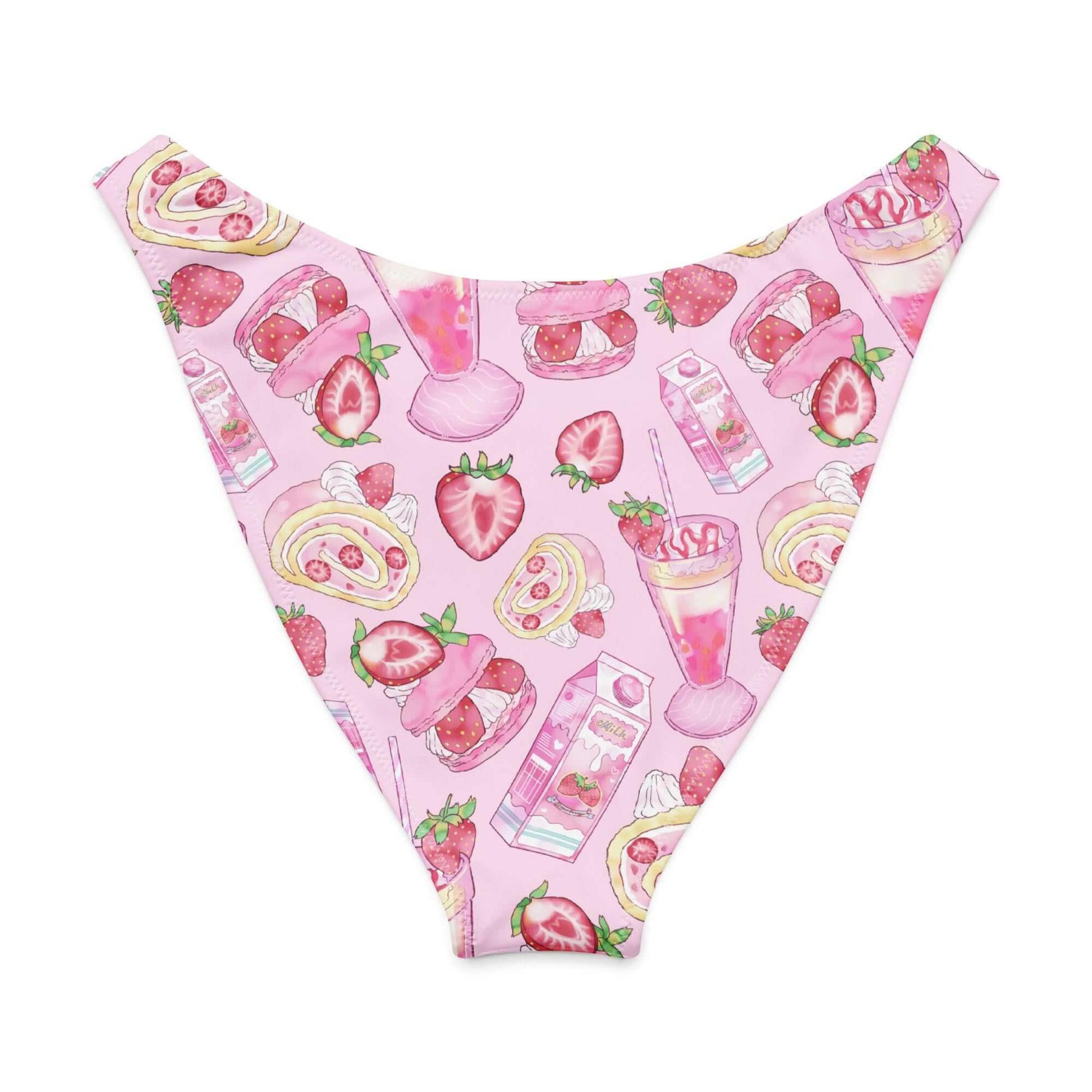 Pink strawberry-patterned V-cut bikini bottom featuring delightful dessert-themed illustrations.