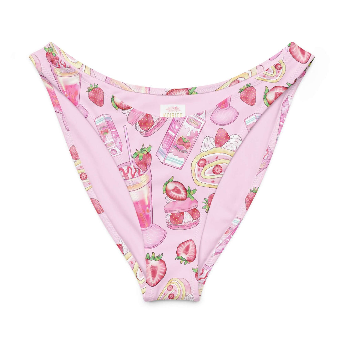 V-cut strawberry-themed bikini bottom with playful pink pattern, perfect for sunny beach days.