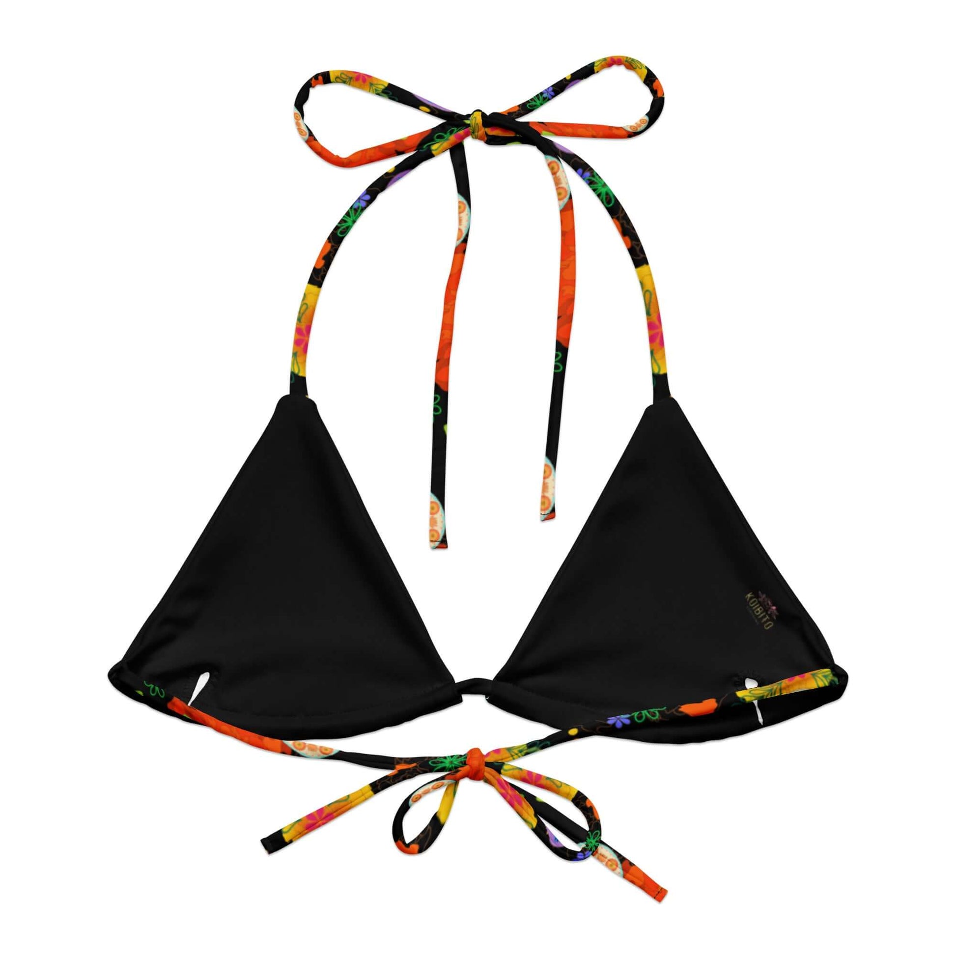 Stylish Sugar Skull Padded String Bikini Top featuring eco-friendly materials and versatile straps, perfect for summer fun.