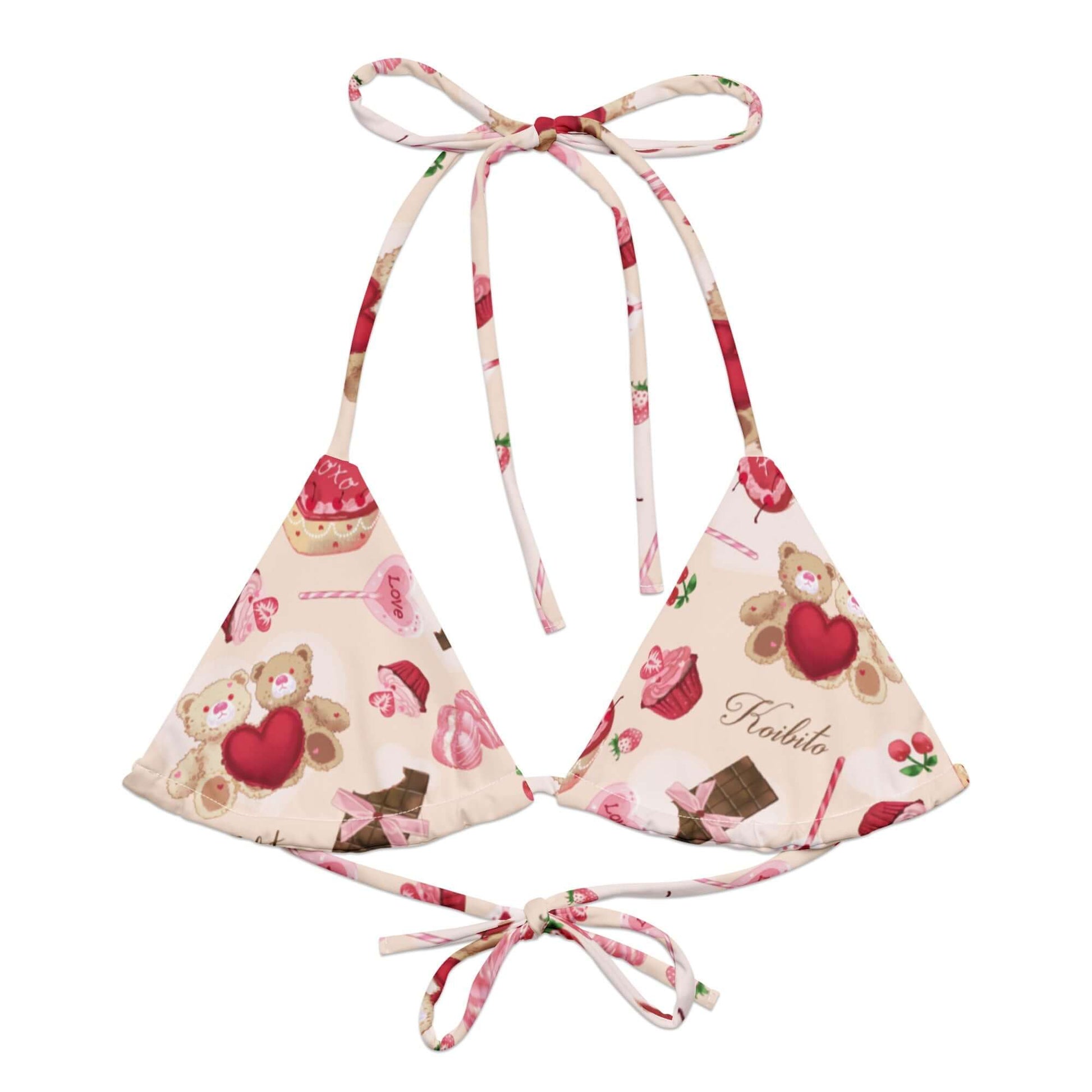 Sugar Sweetheart Padded String Bikini Top features a cute all-over print, ideal for stylish summer swimwear.