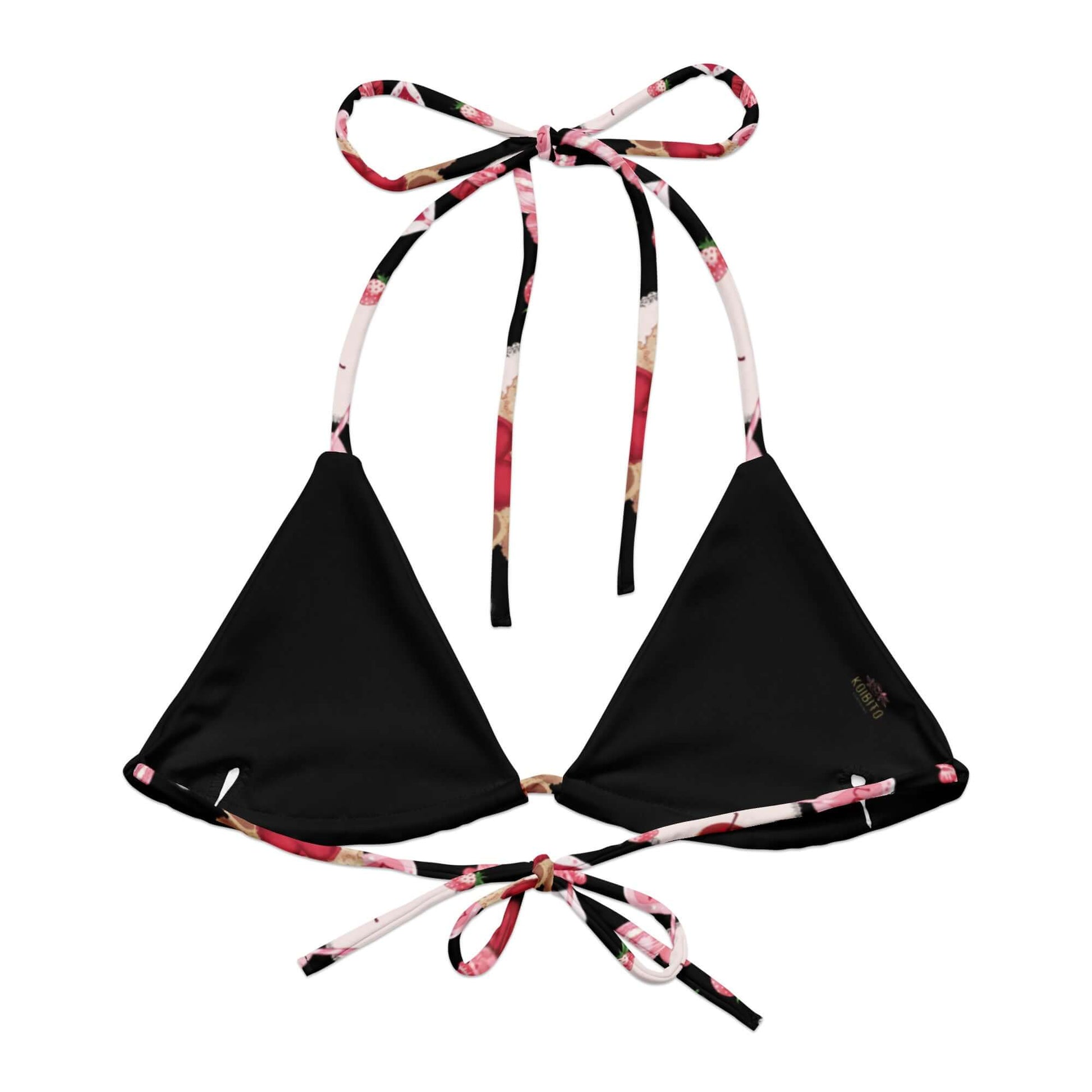 Sugar Sweetheart Padded String Bikini Top features stylish black triangles with colorful floral straps, perfect for summer.