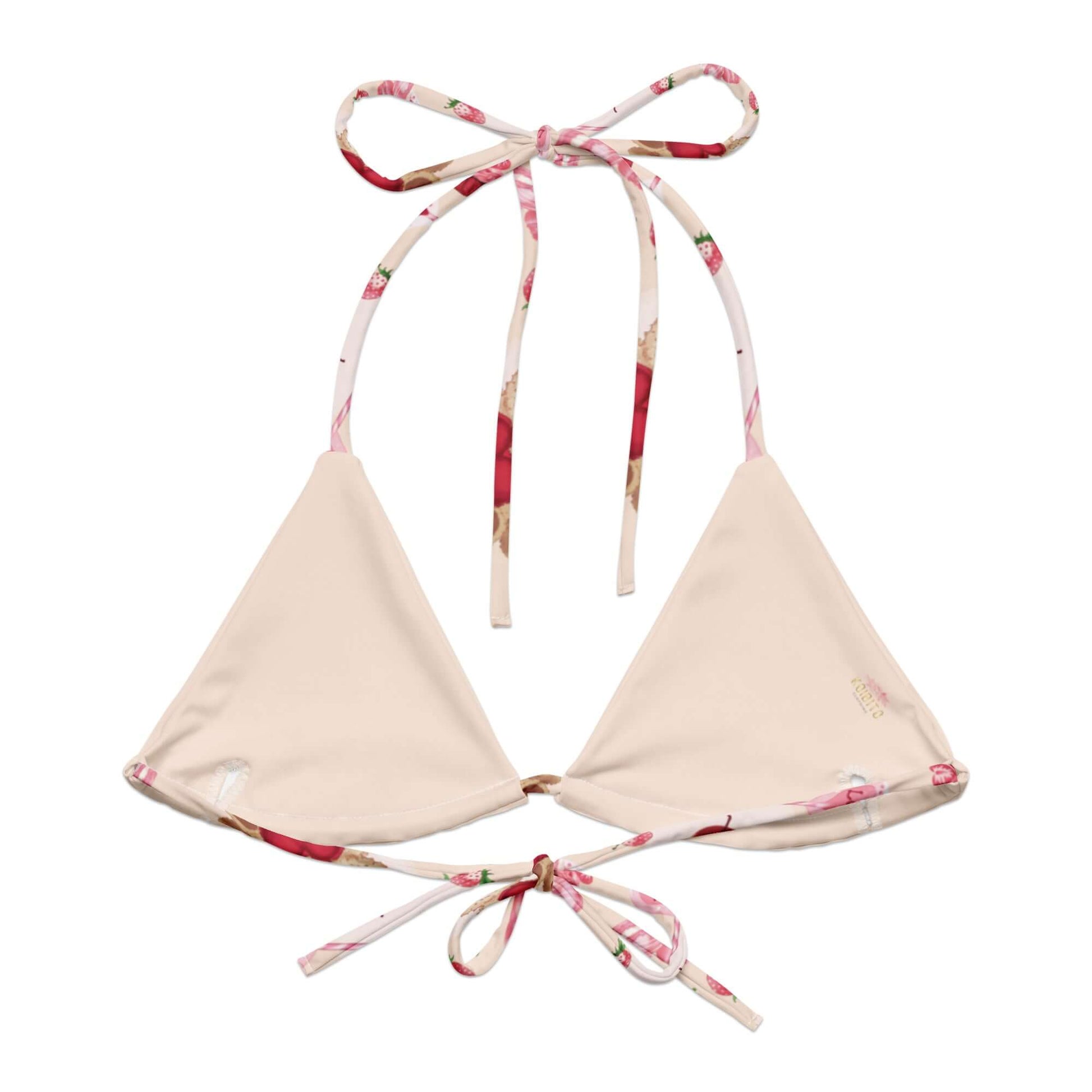 Sugar Sweetheart Padded String Bikini Top features eco-friendly design and stylish all-over print for summer fun.