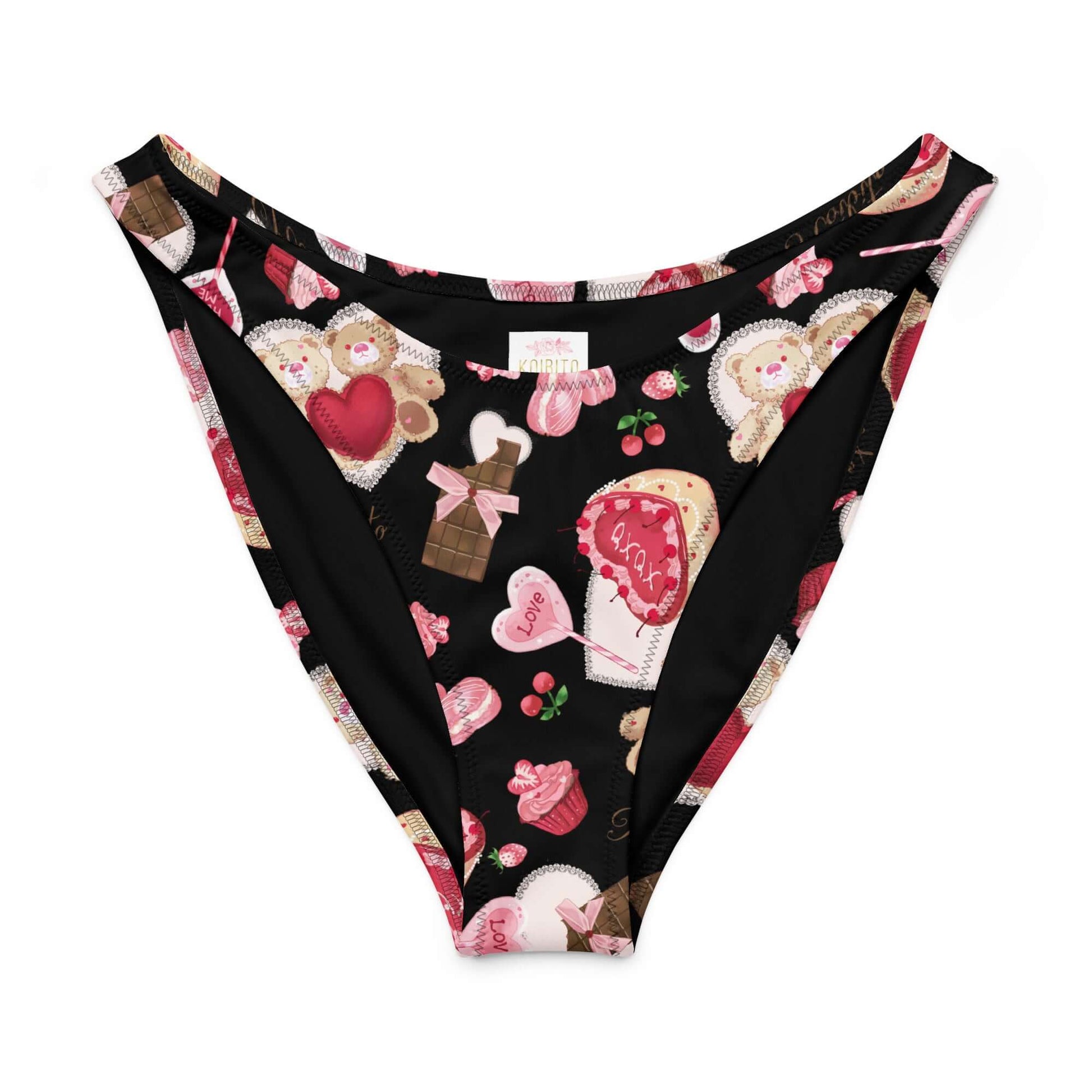 Sugar Sweetheart V-cut bikini bottom featuring a playful dessert print with gingerbread and hearts.