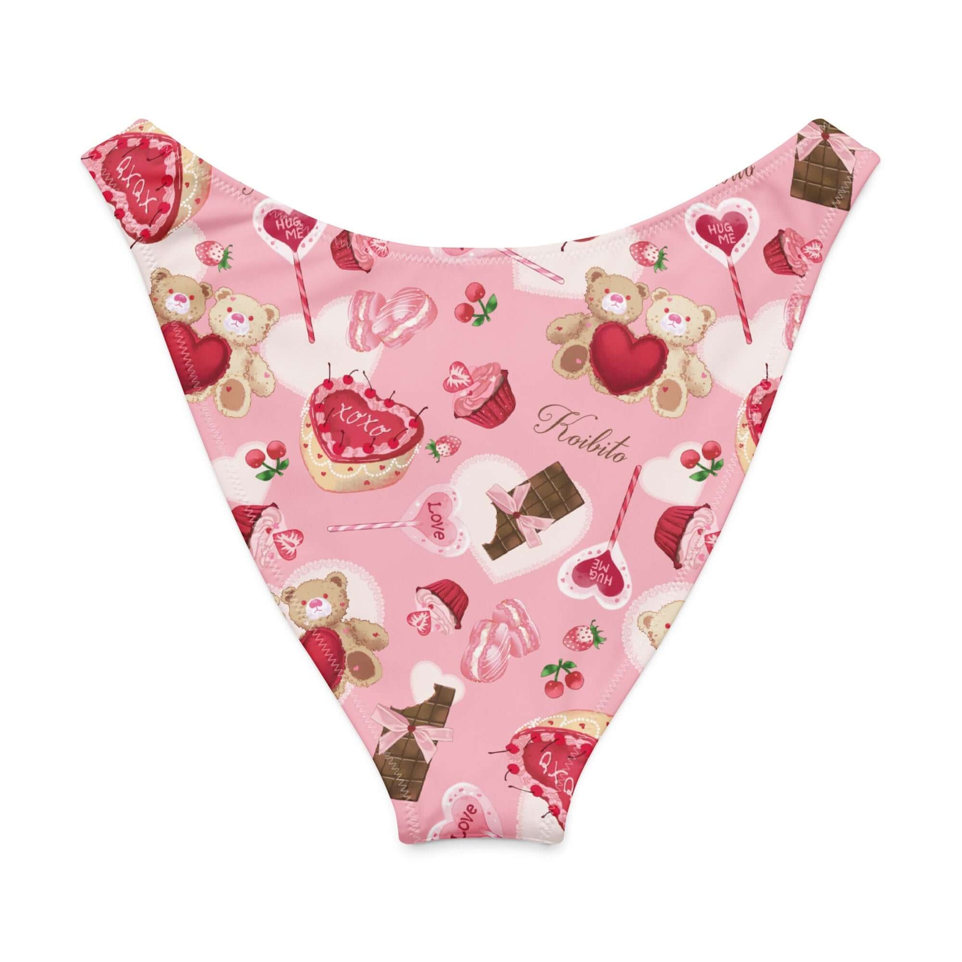 Cute pink bikini bottom with heart, candy, and teddy bear patterns, perfect for sweet summer vibes.