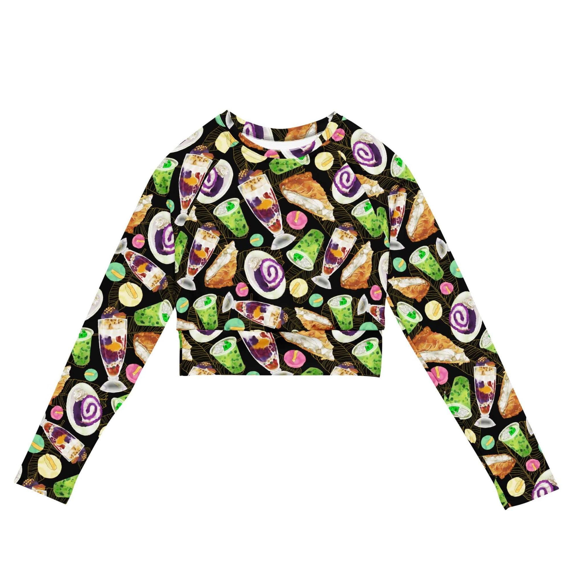 Stylish Filipino Dessert Long-sleeved Crop Top featuring vibrant graphics of classic Filipino sweets. Perfect for sustainable fashion!