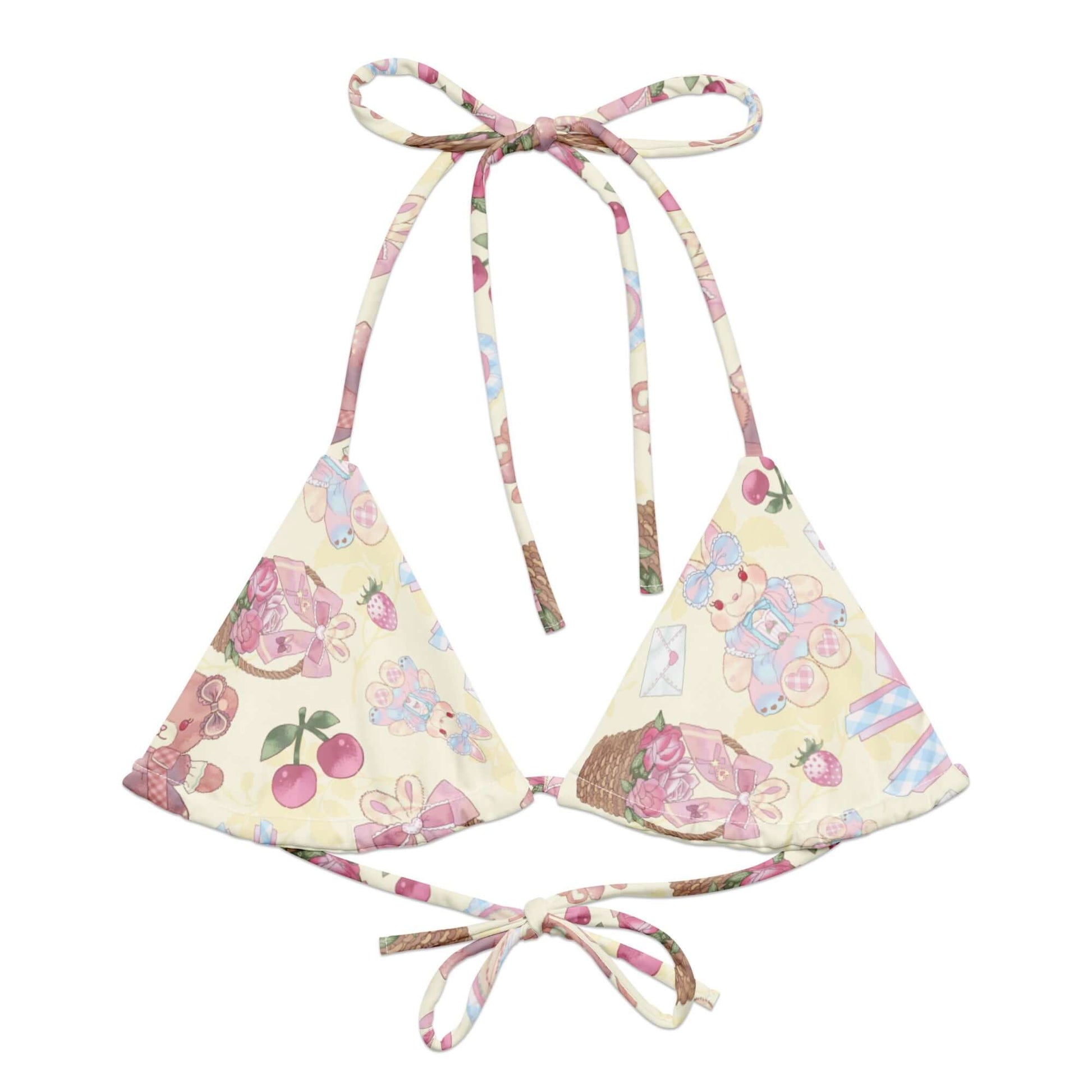 Sweet Teddy Padded String Bikini Top features a fun all-over print, perfect for summer adventures. Eco-friendly and stylish!