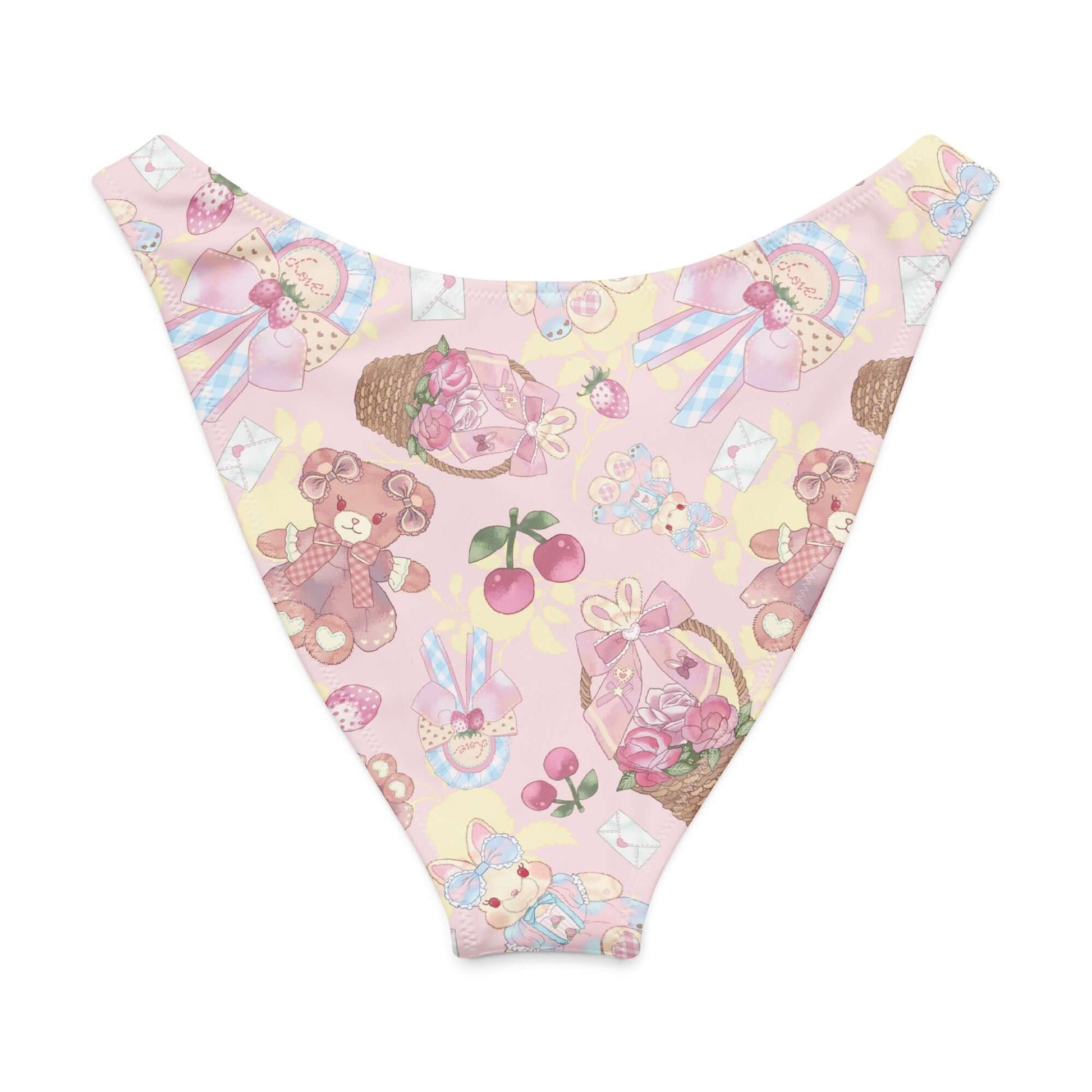 Cute Sweet Teddy V-cut bikini bottom with pastel bear and cherry print on a light background.