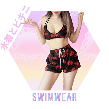 Stylish woman in black crab print swimwear, showcasing trendy bikini and shorts against a pastel background.