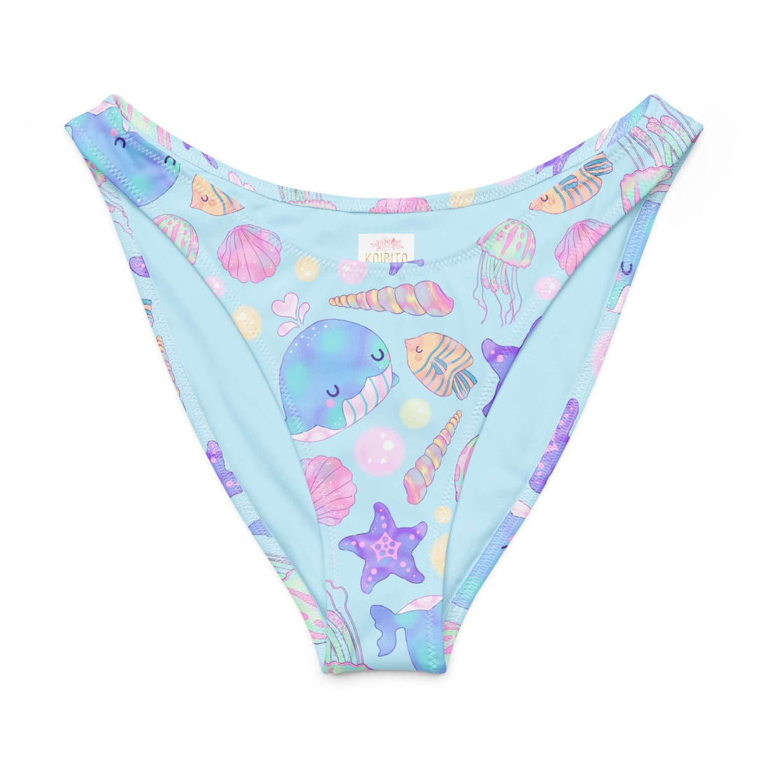 Under the Sea V-cut bikini bottom featuring a fun ocean-themed print with whales, jellyfish, and starfish.