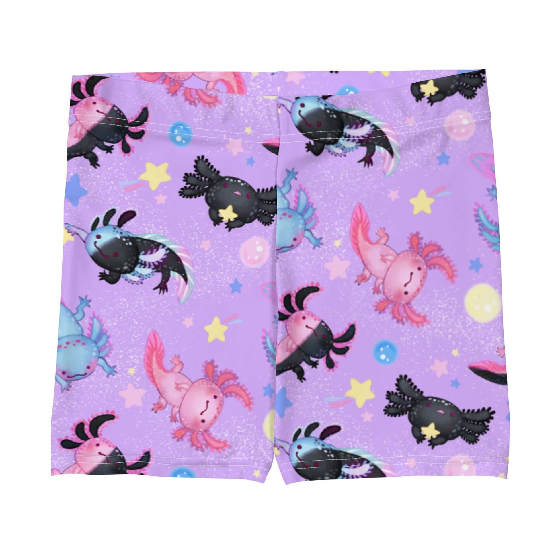 Soft and comfortable Axolotl Shorts featuring playful designs of adorable axolotls on a vibrant purple background.