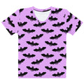 Morrigan-inspired Aensland T-shirt features playful bats on a lavender background, perfect for sunny days.